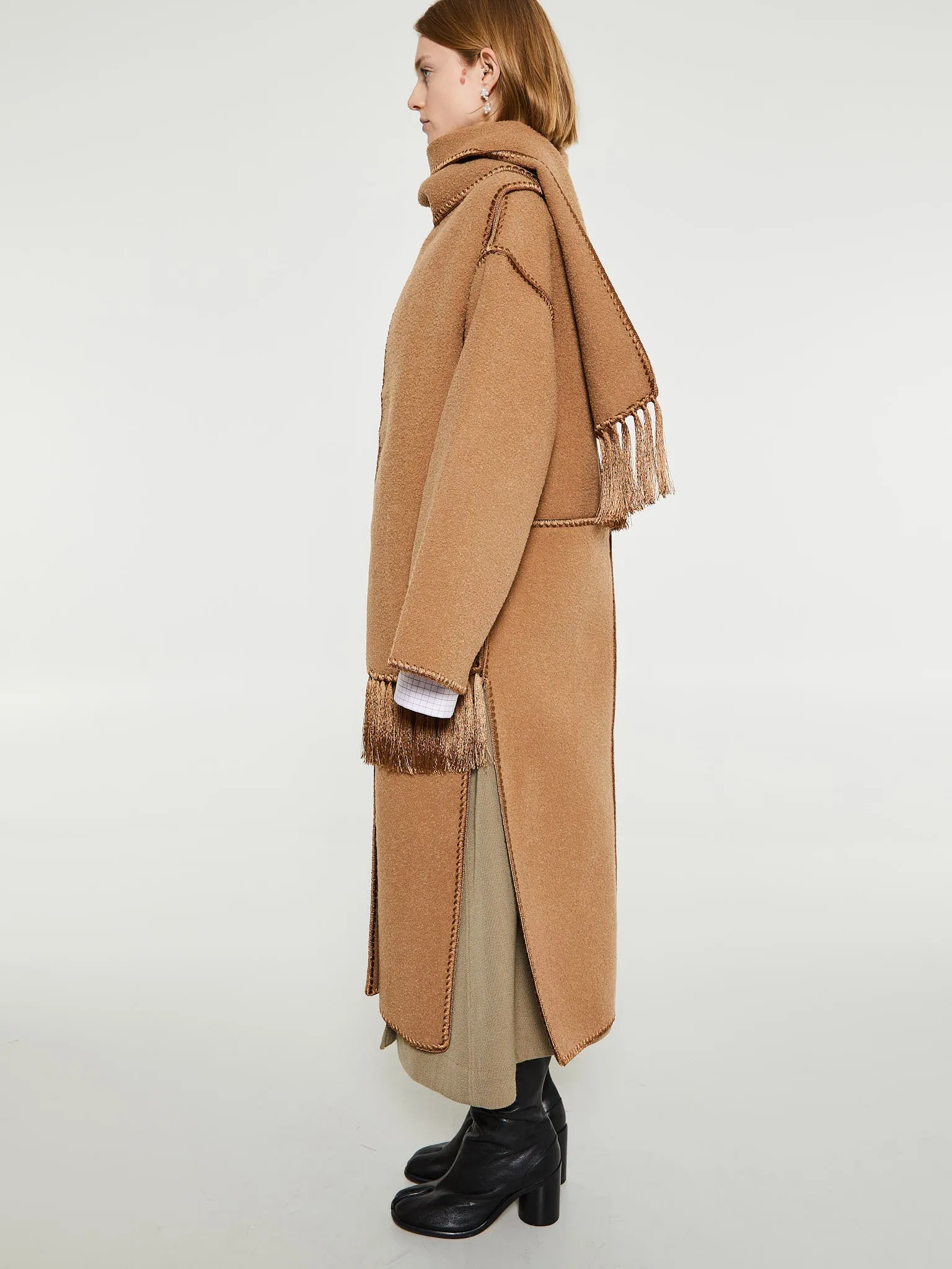 Embroidered Scarf Coat in Camel