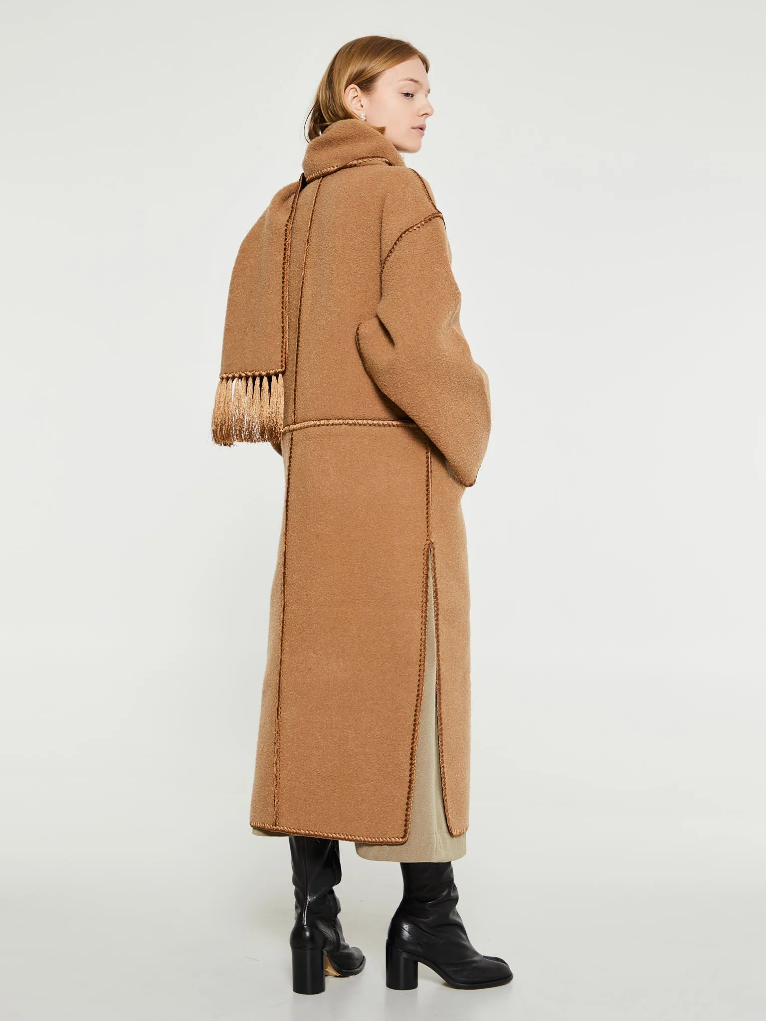 Embroidered Scarf Coat in Camel