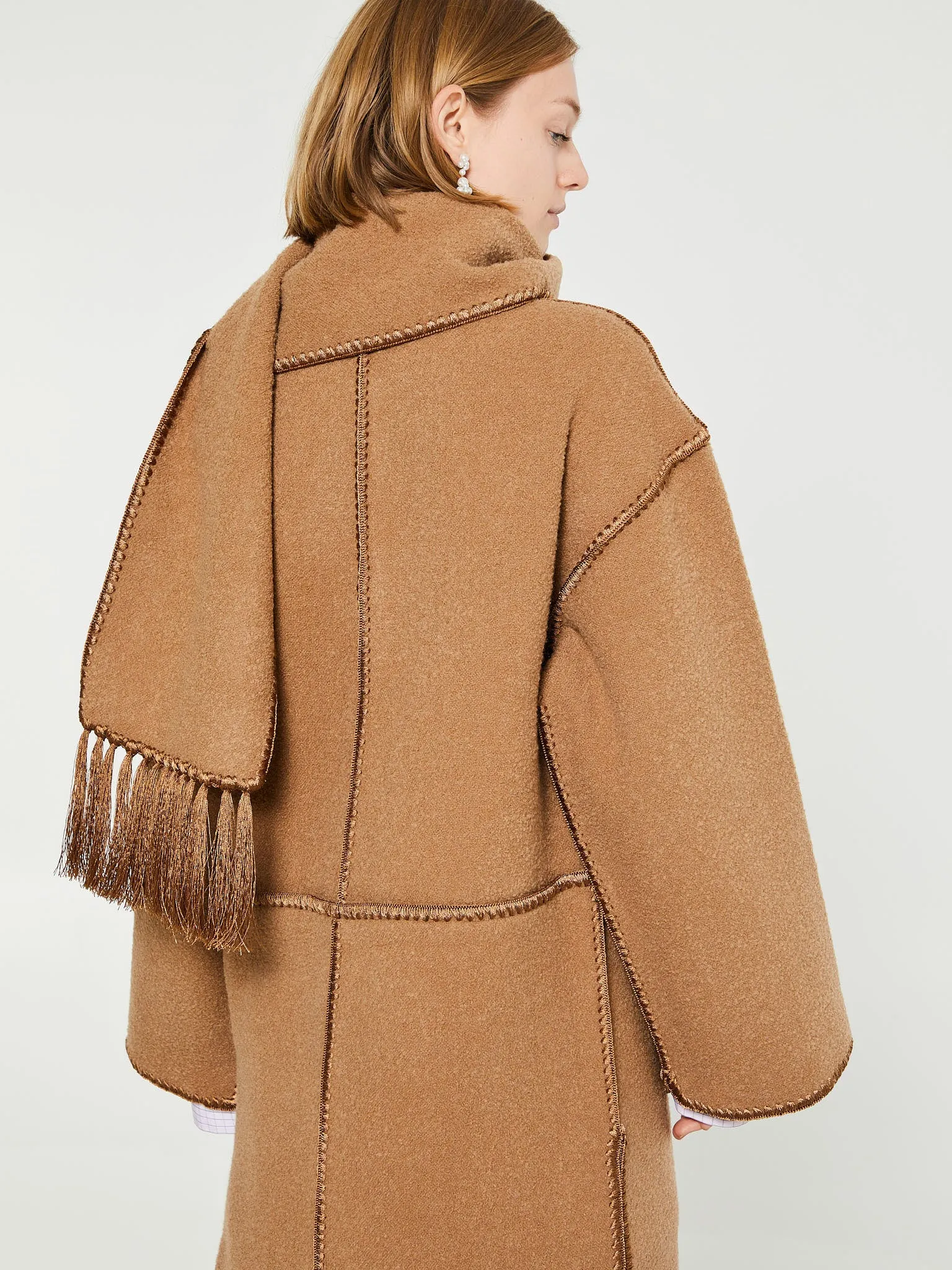 Embroidered Scarf Coat in Camel