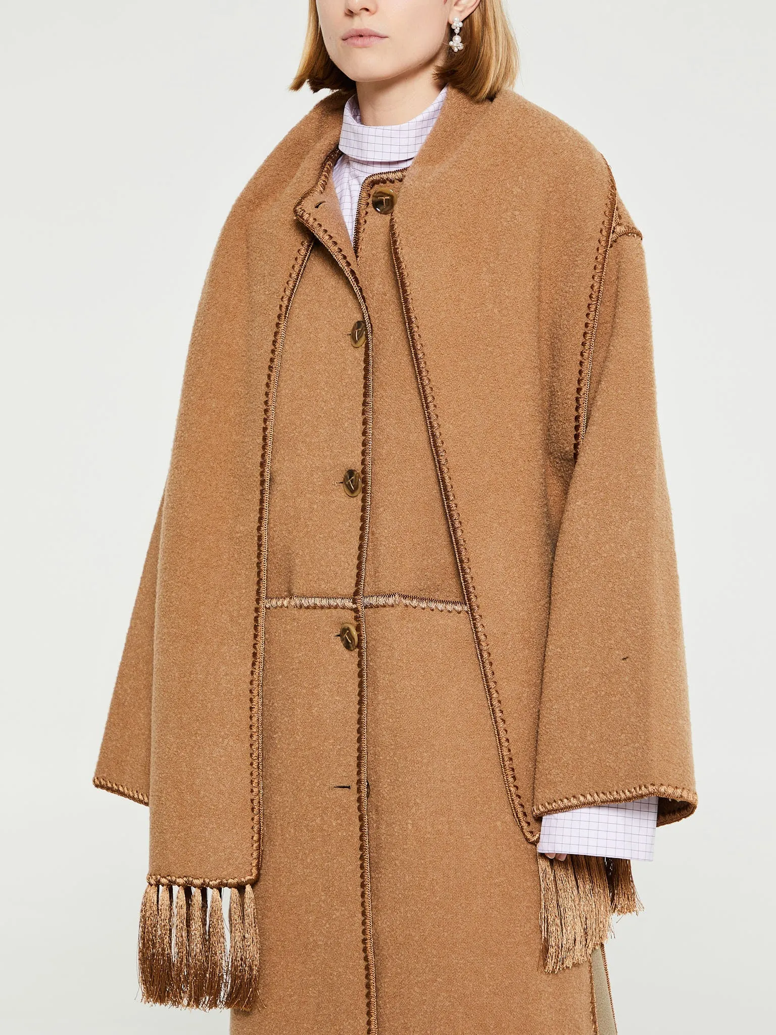 Embroidered Scarf Coat in Camel