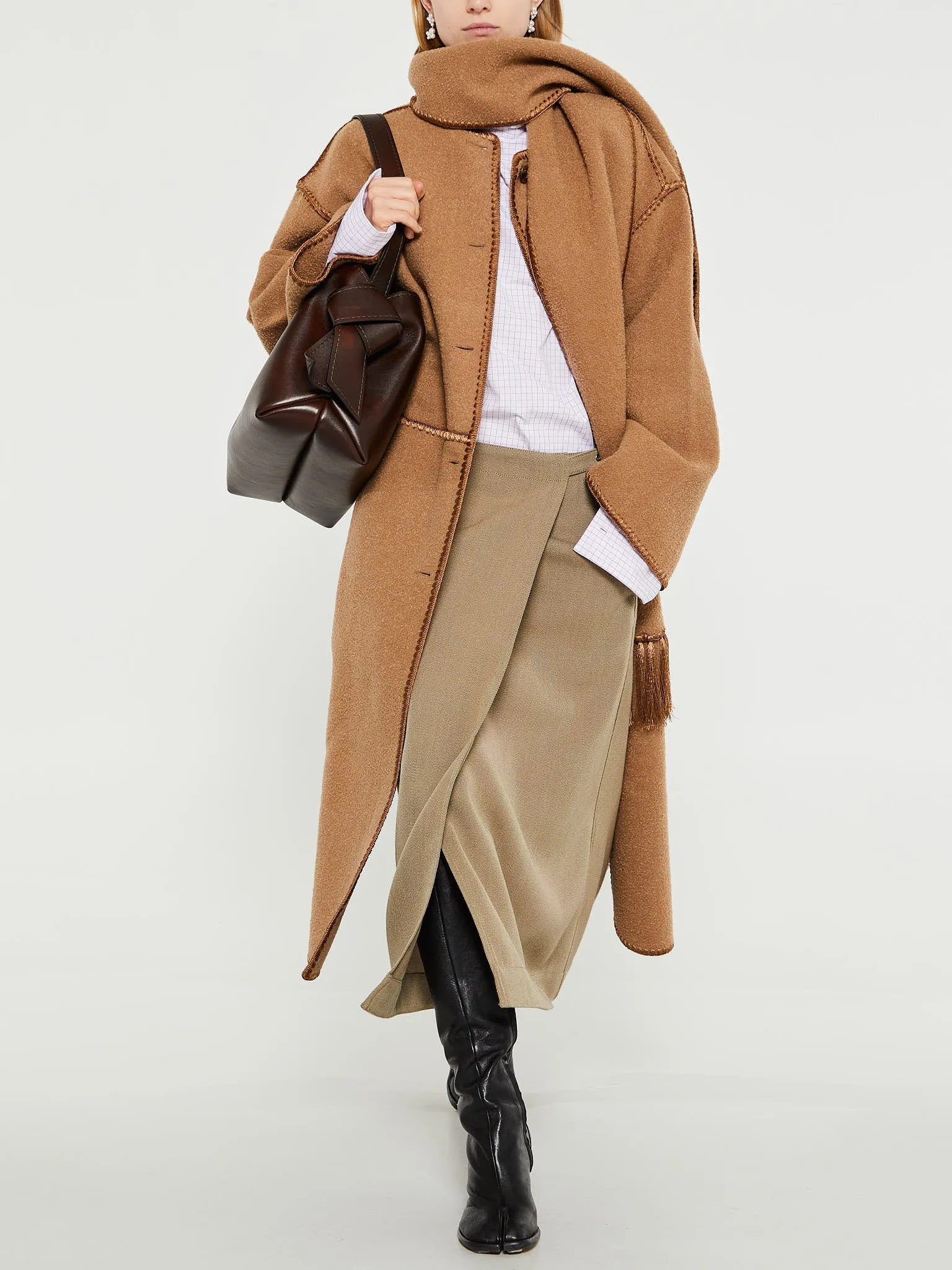 Embroidered Scarf Coat in Camel