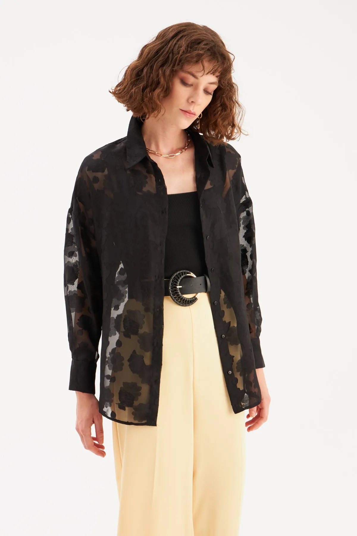 Floral Patterned Loose Shirt - BLACK