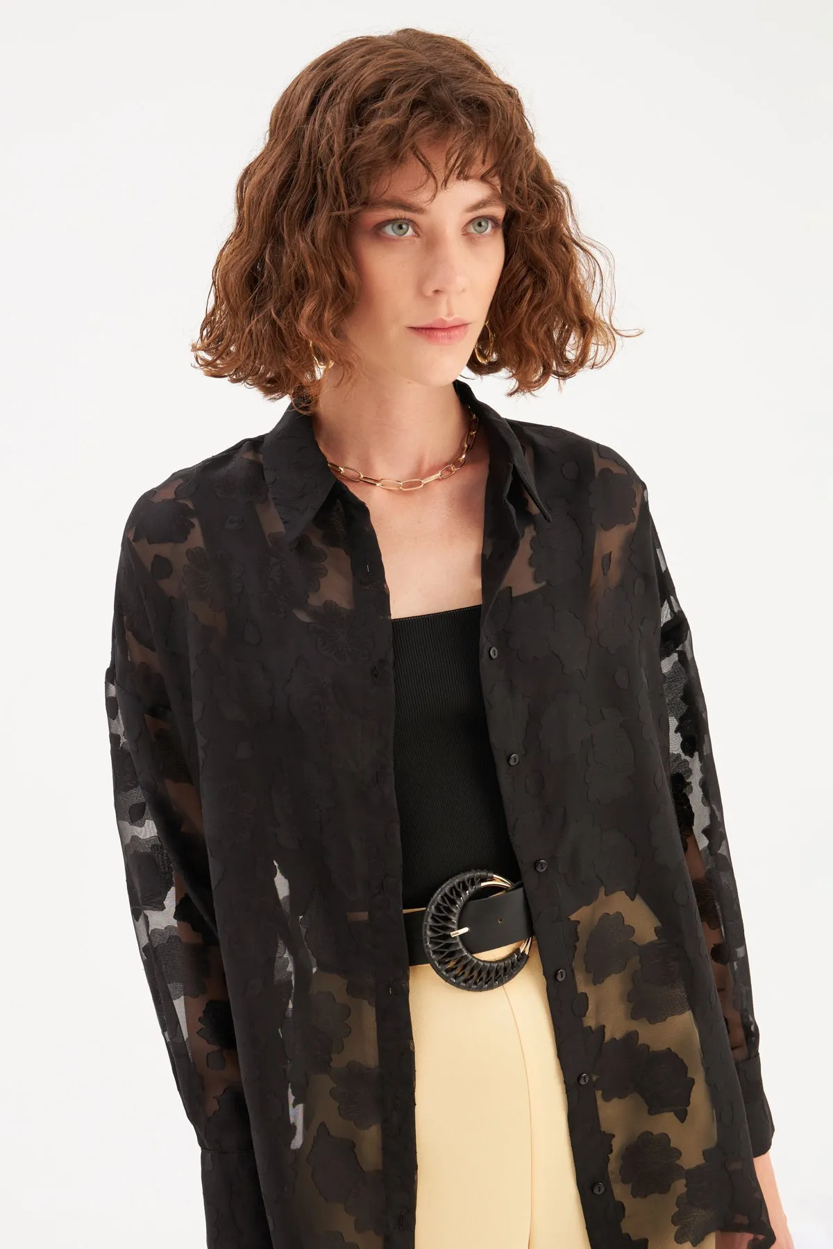 Floral Patterned Loose Shirt - BLACK