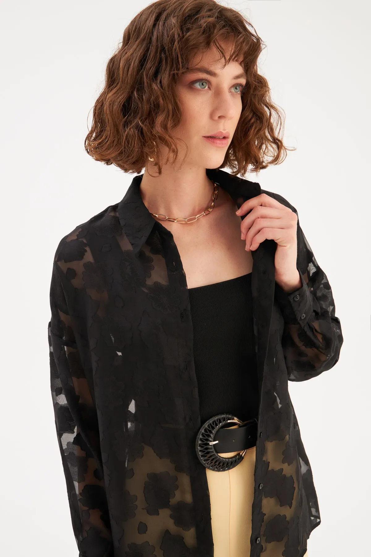 Floral Patterned Loose Shirt - BLACK