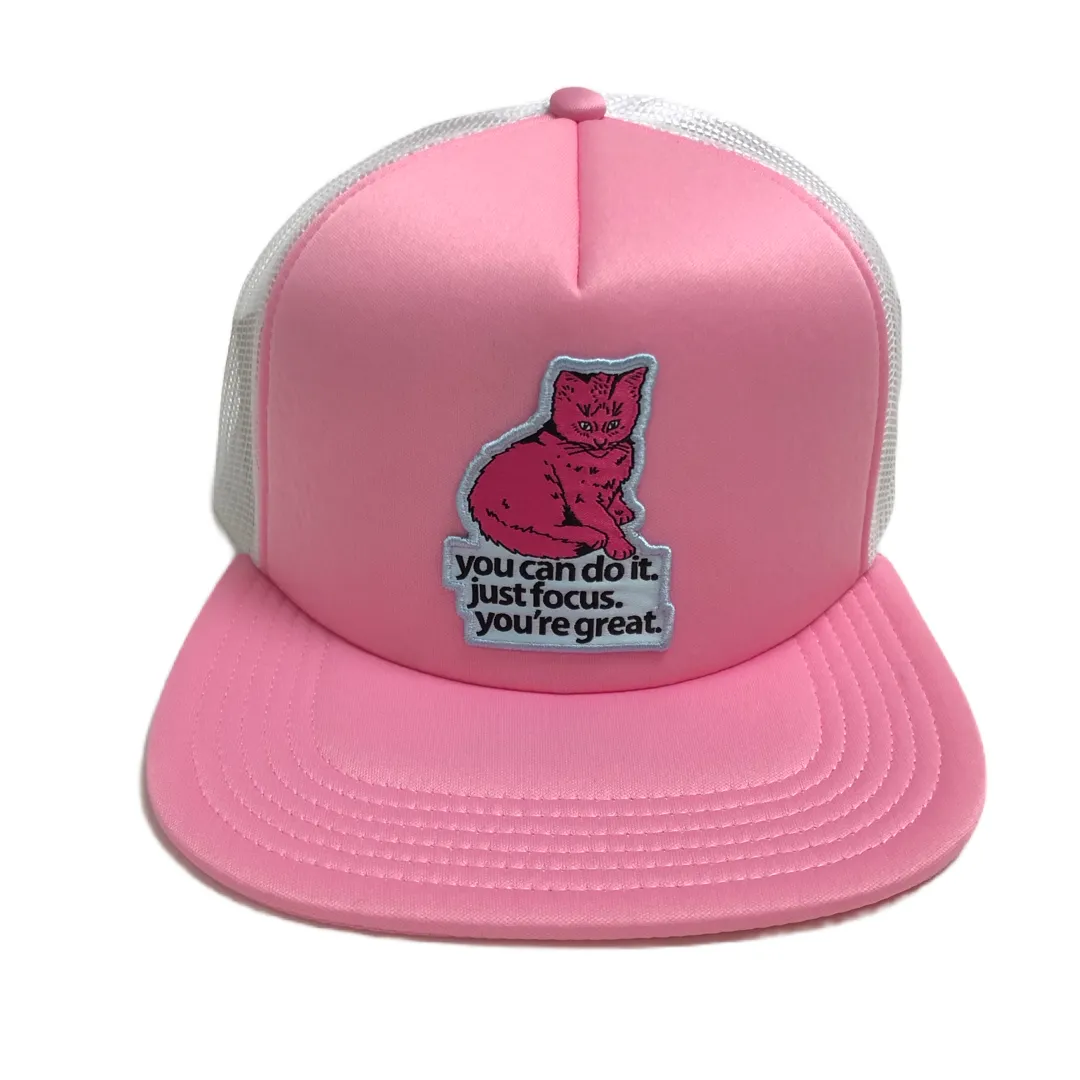 Focus Cat Patch Foam Trucker Hat - Pink and White