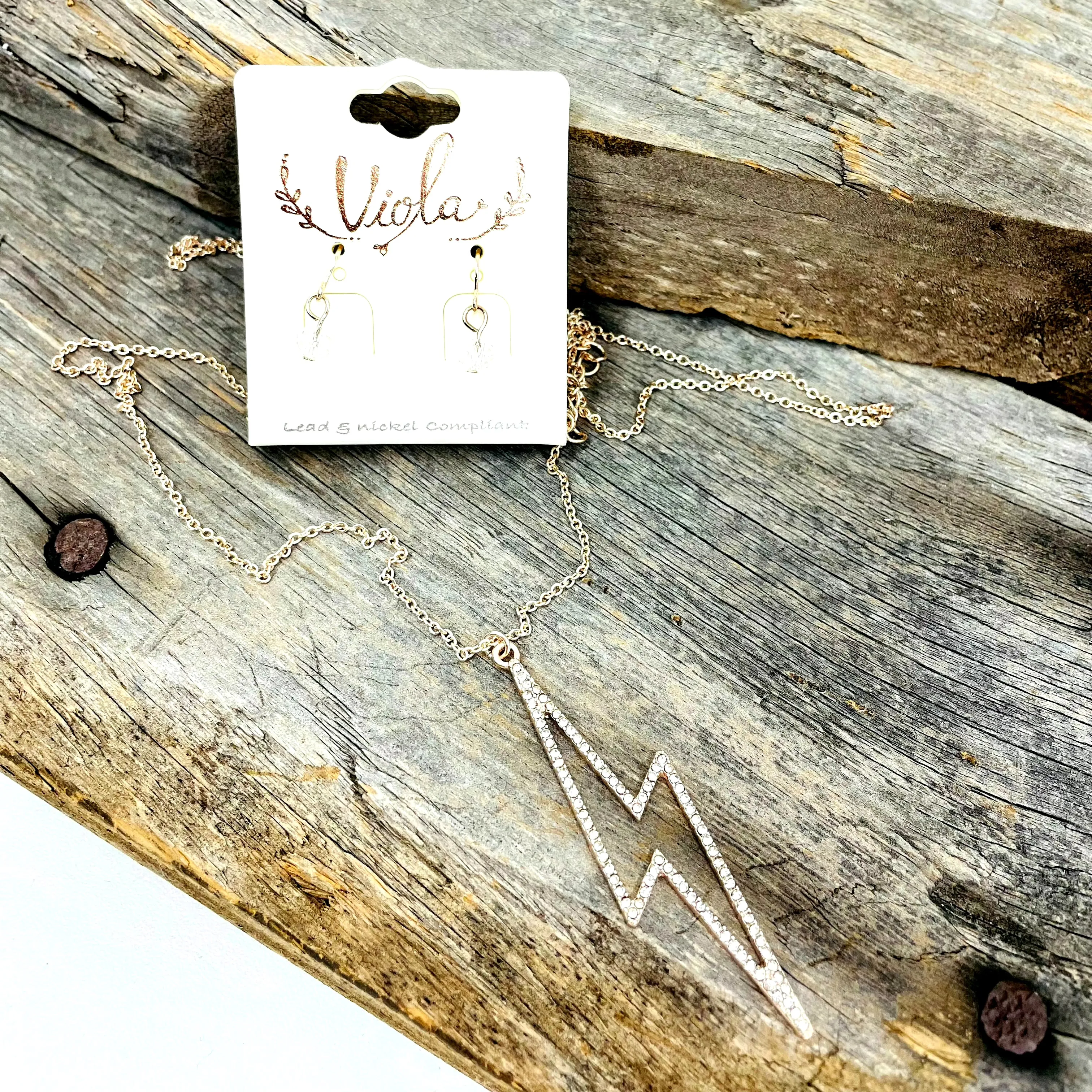 Gold Lightning Bolt Necklace & Earring Set