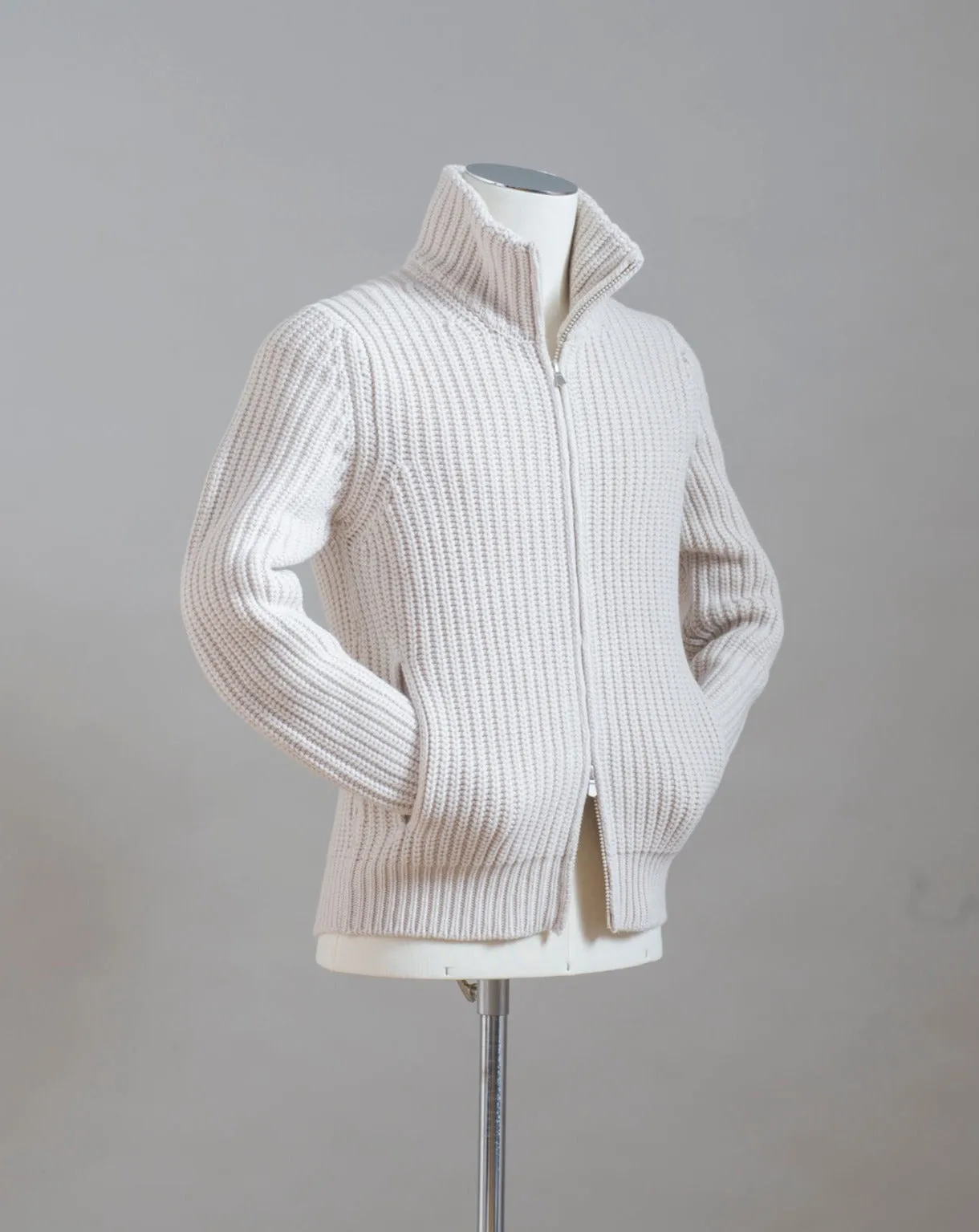 Gran Sasso Heavy Ribbed Full Zip Knitted Jacket / Natural White