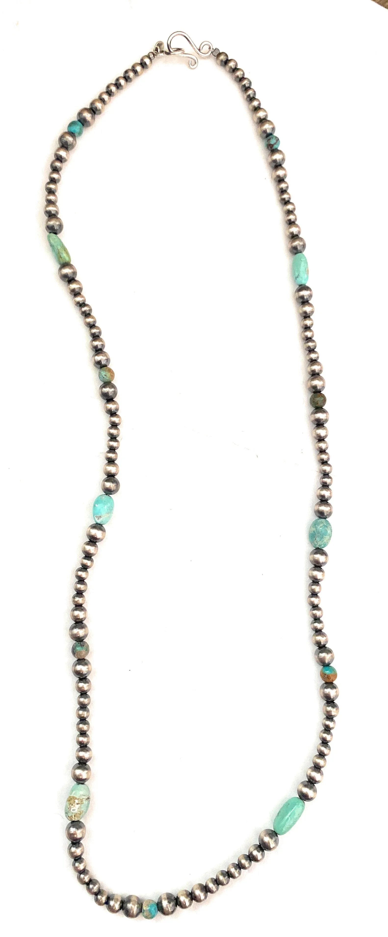 Handmade Sterling Silver & Turquoise Beaded Necklace 24”