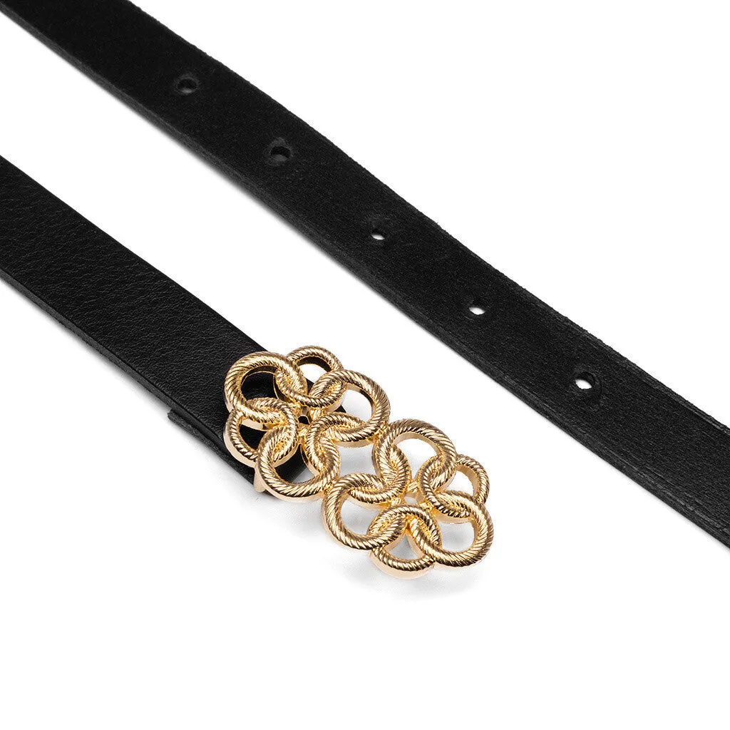 Leather belt with beautiful buckle / 15656 - Black / Gold