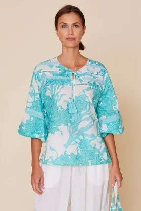 Leola Printed Puff Sleeve Blouse in Blue Coral