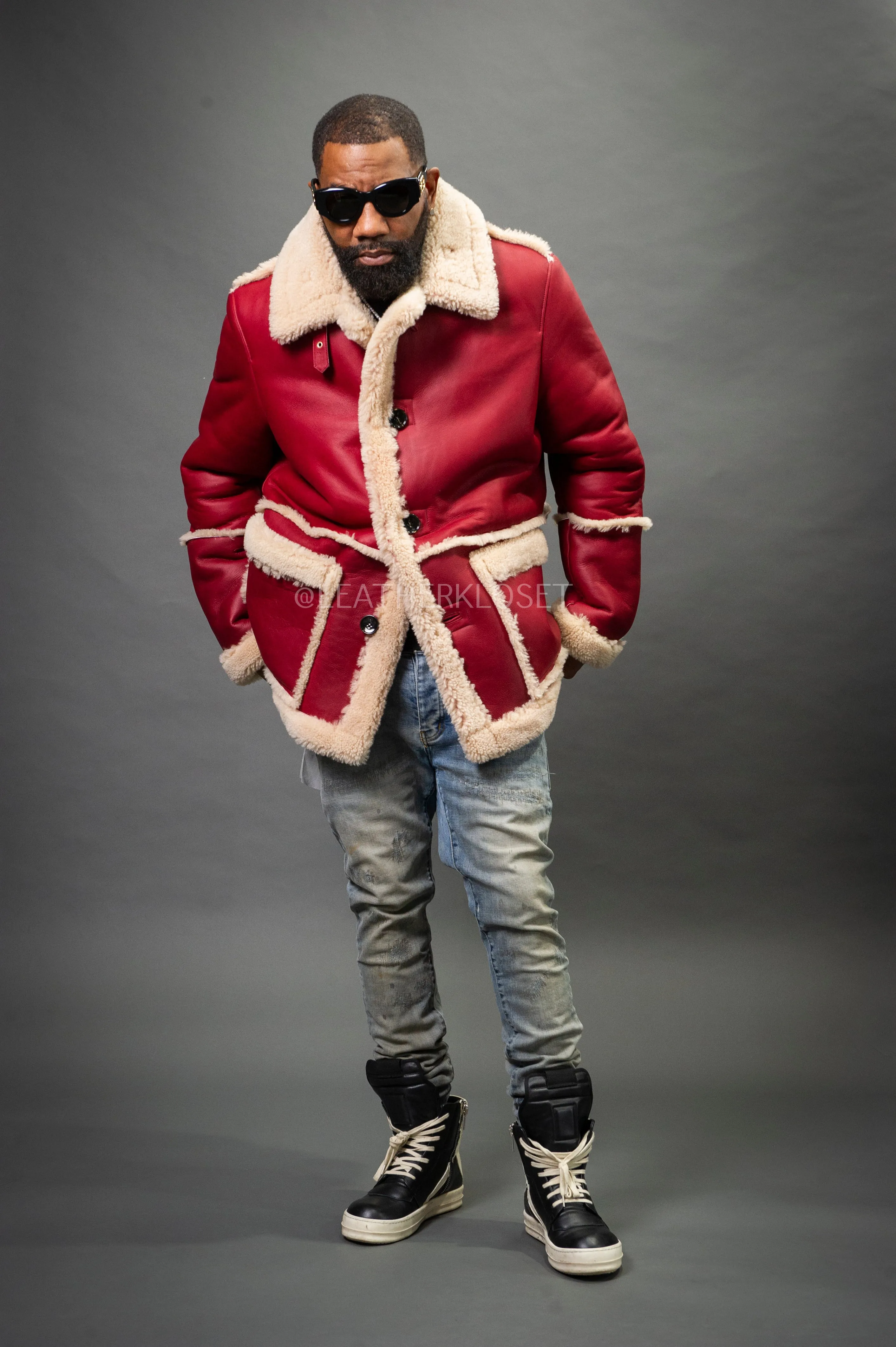 Mens Asher Sheepskin Shearling Coat [Fire Engine Red]