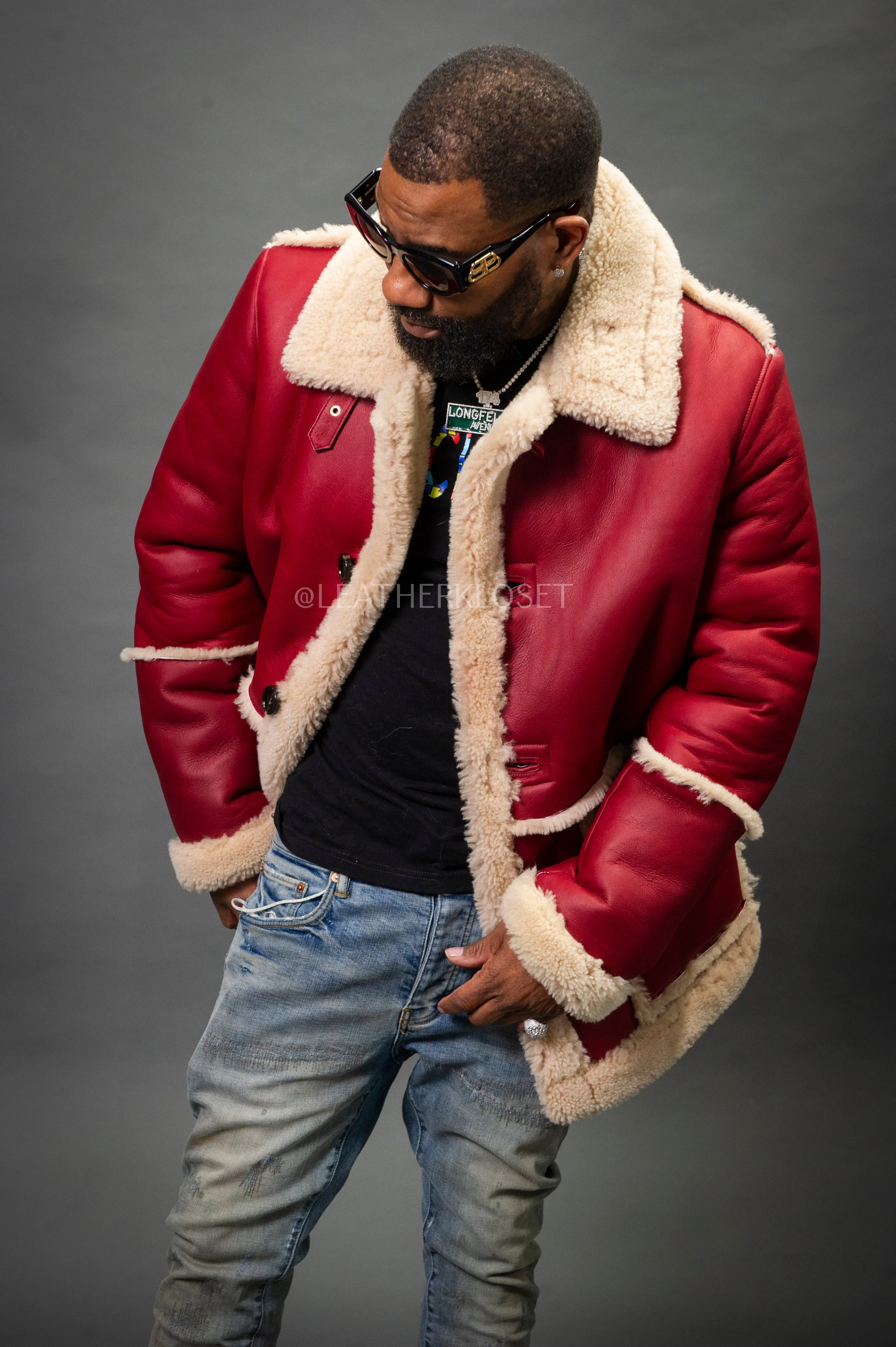 Mens Asher Sheepskin Shearling Coat [Fire Engine Red]