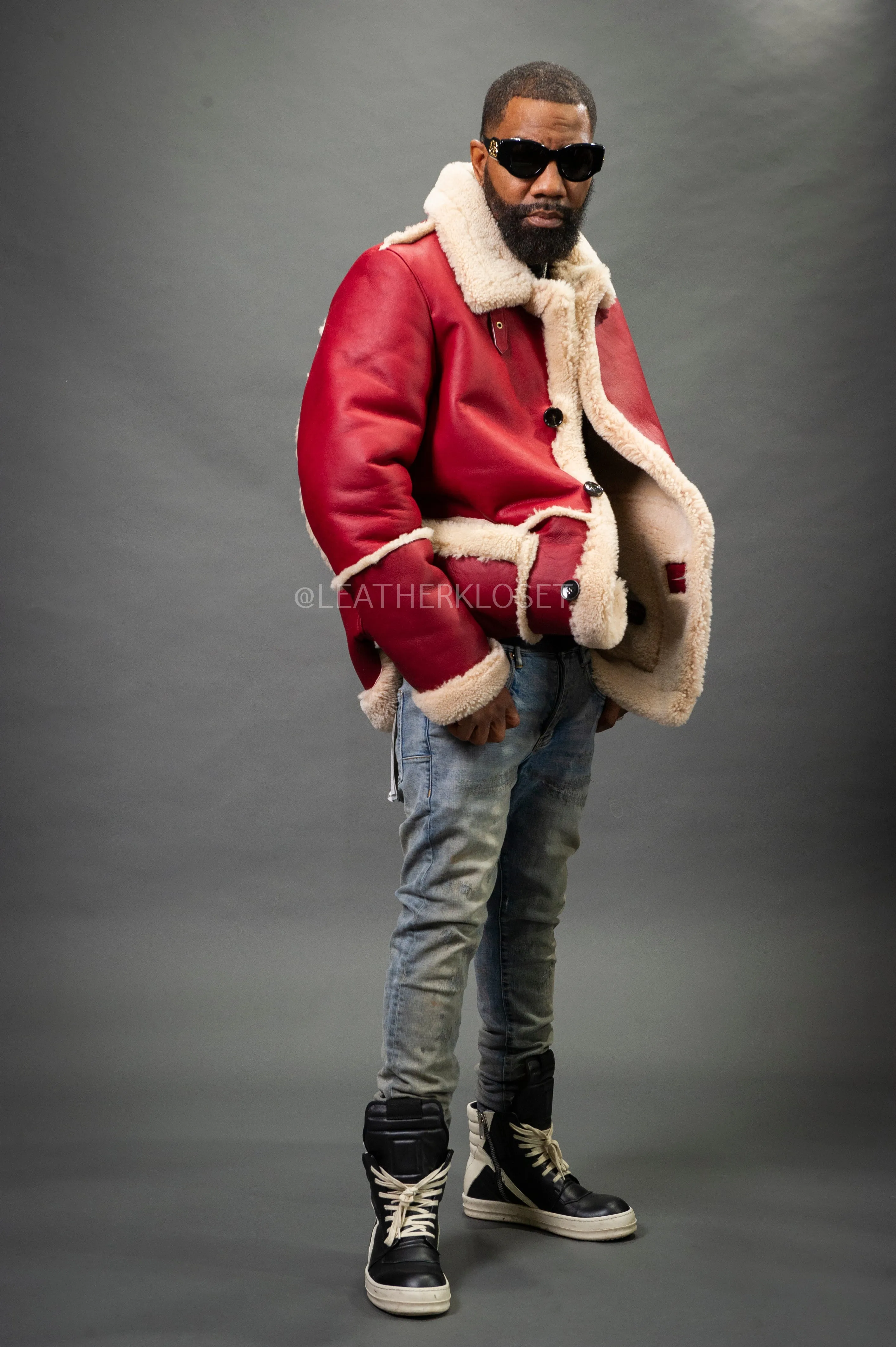 Mens Asher Sheepskin Shearling Coat [Fire Engine Red]