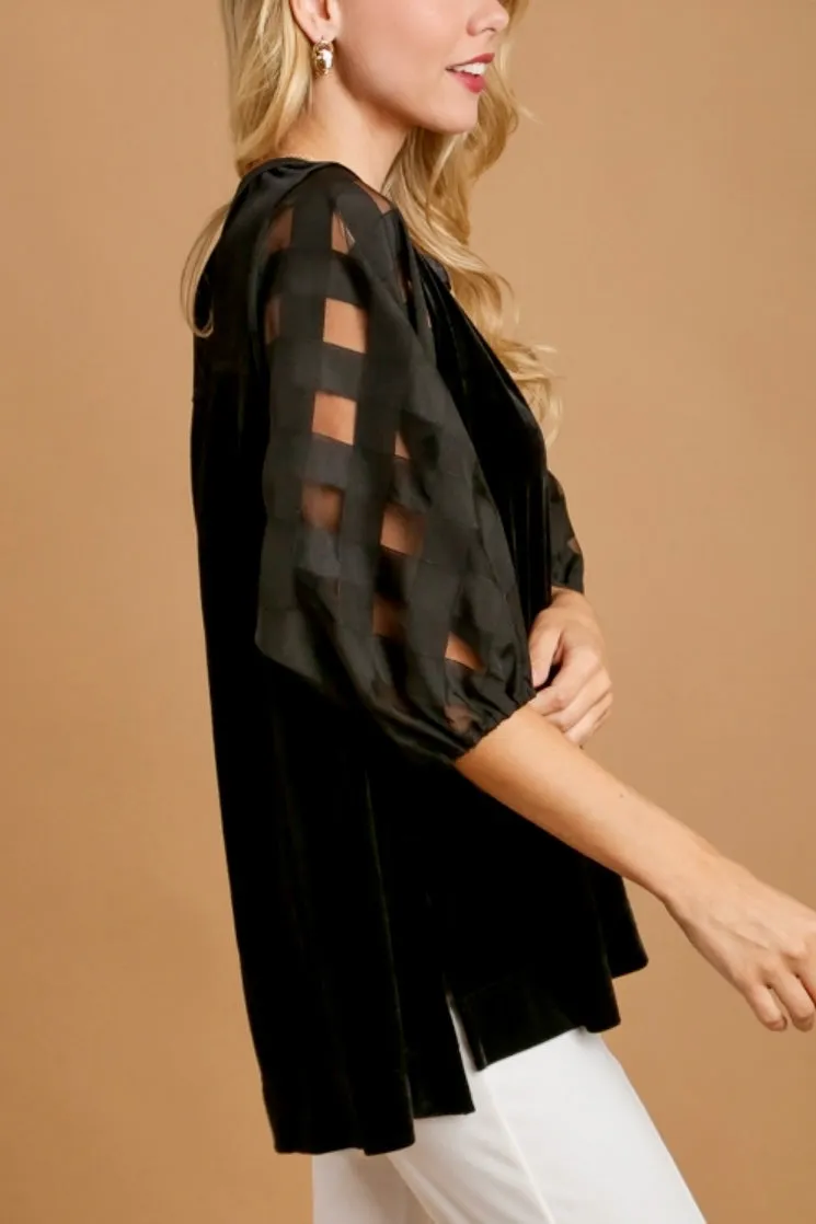 Monica Split Neck Sheer Sleeve Velvet Top- Black