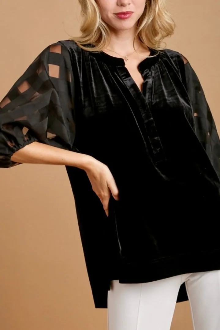 Monica Split Neck Sheer Sleeve Velvet Top- Black