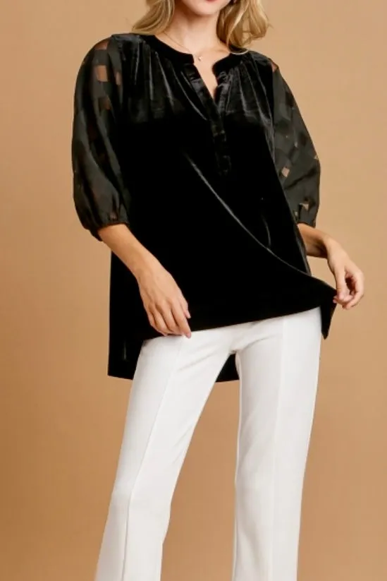 Monica Split Neck Sheer Sleeve Velvet Top- Black