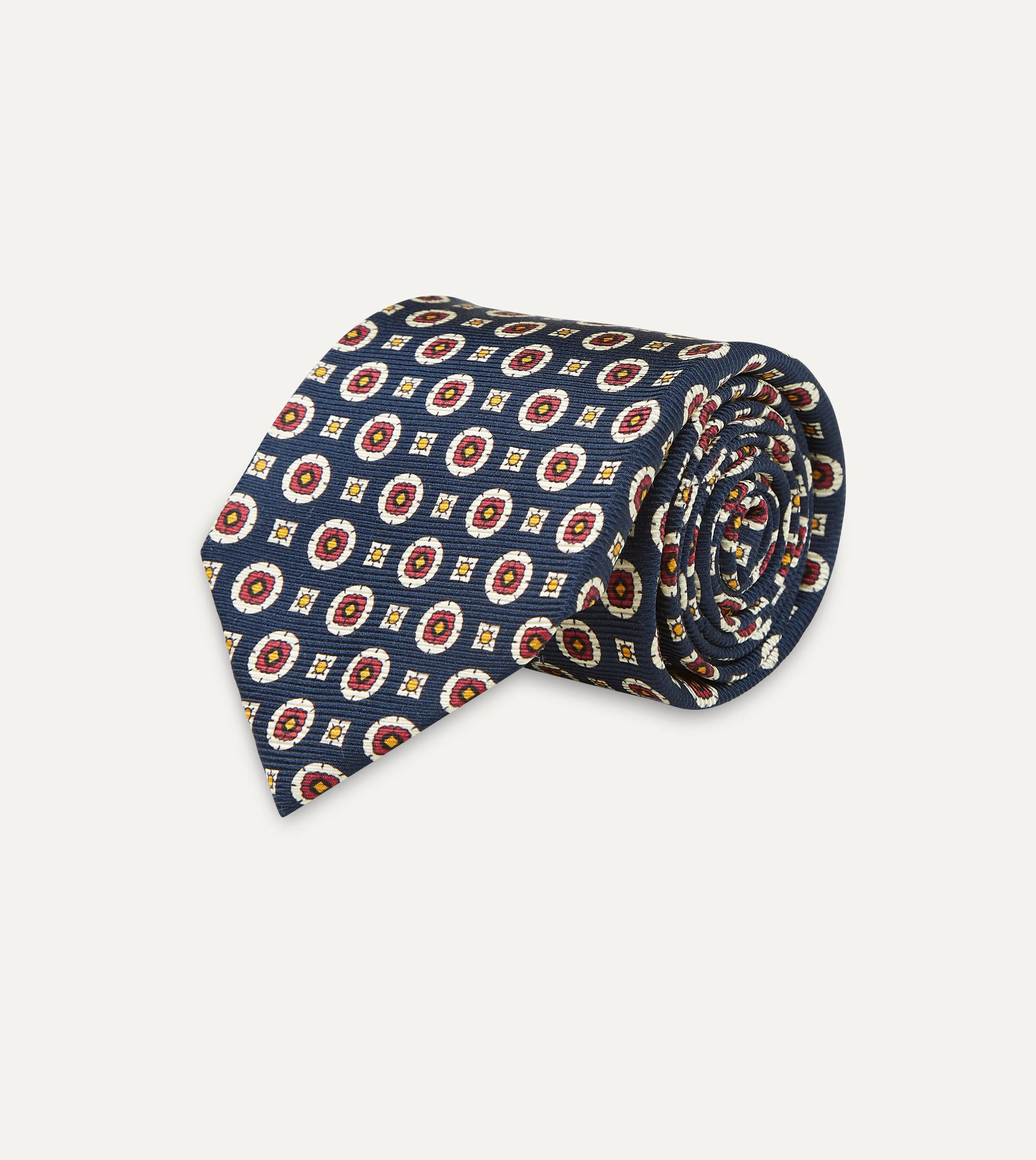 Navy and Red Geometric Medallion Print Silk Foulard Tie