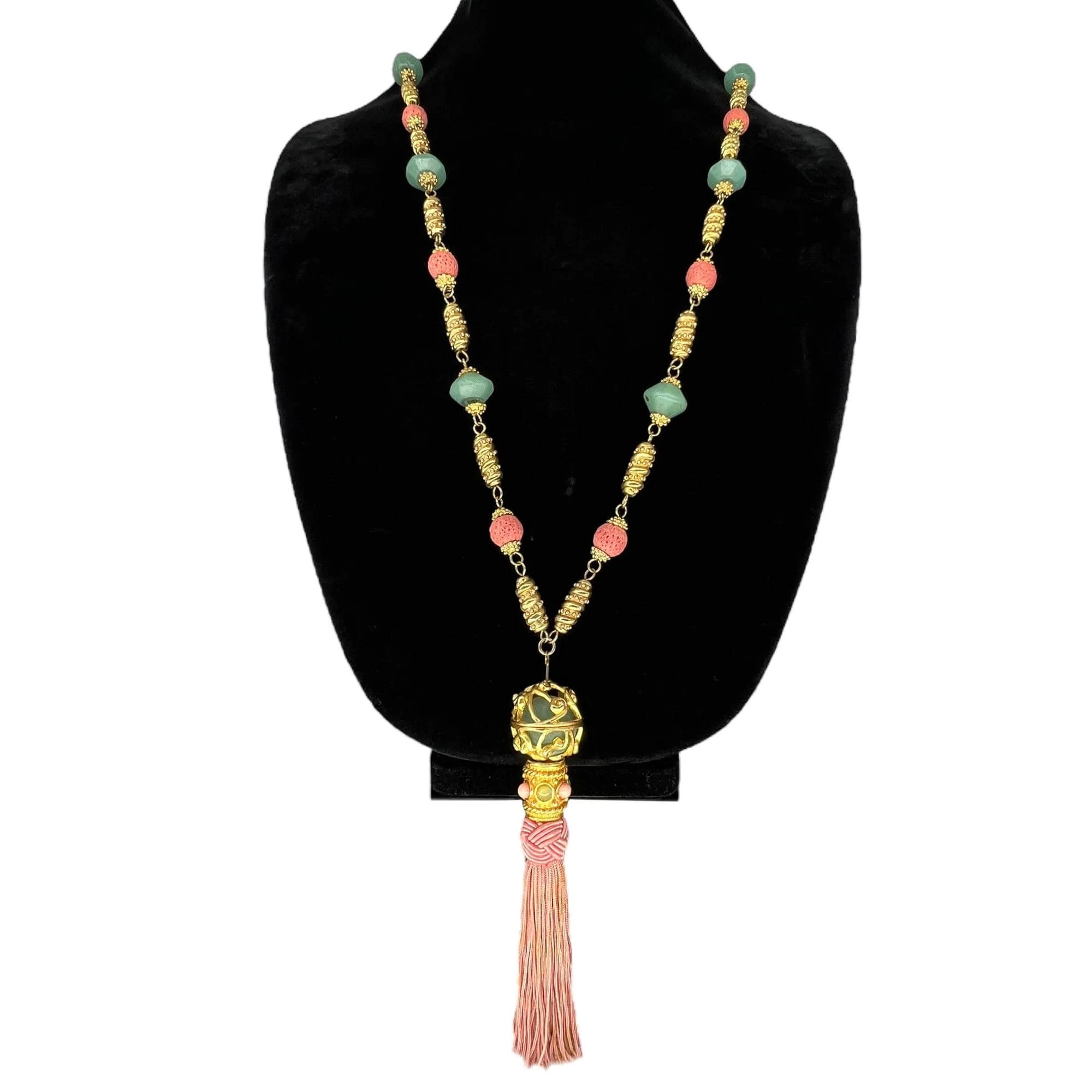 NECKLACE Brass Tone with Beads - Green & Coral