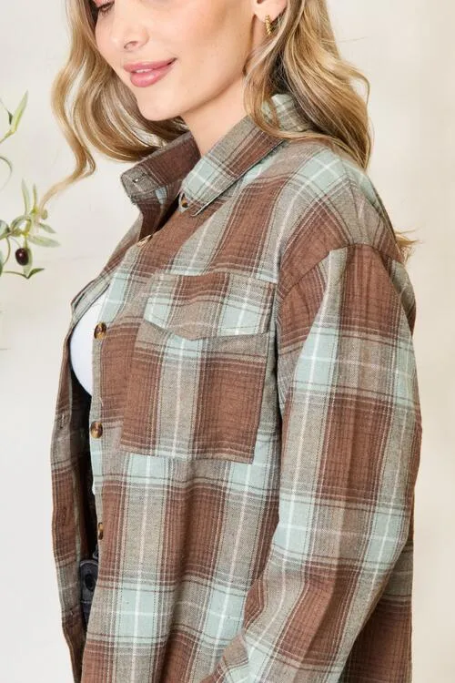 Olive Brown Plaid Dropped Shoulder Shirt