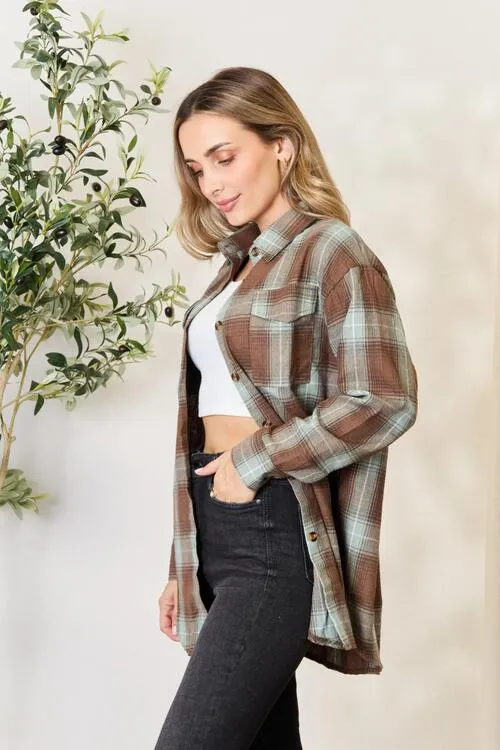 Olive Brown Plaid Dropped Shoulder Shirt