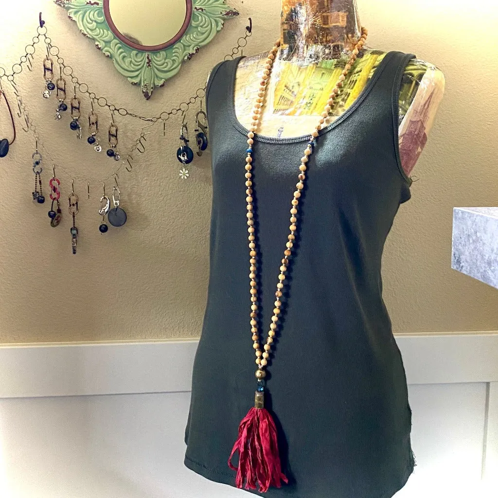 Palo Santo Mala with Nigerian Brass Guru Bead & Red Sari Silk Tassel