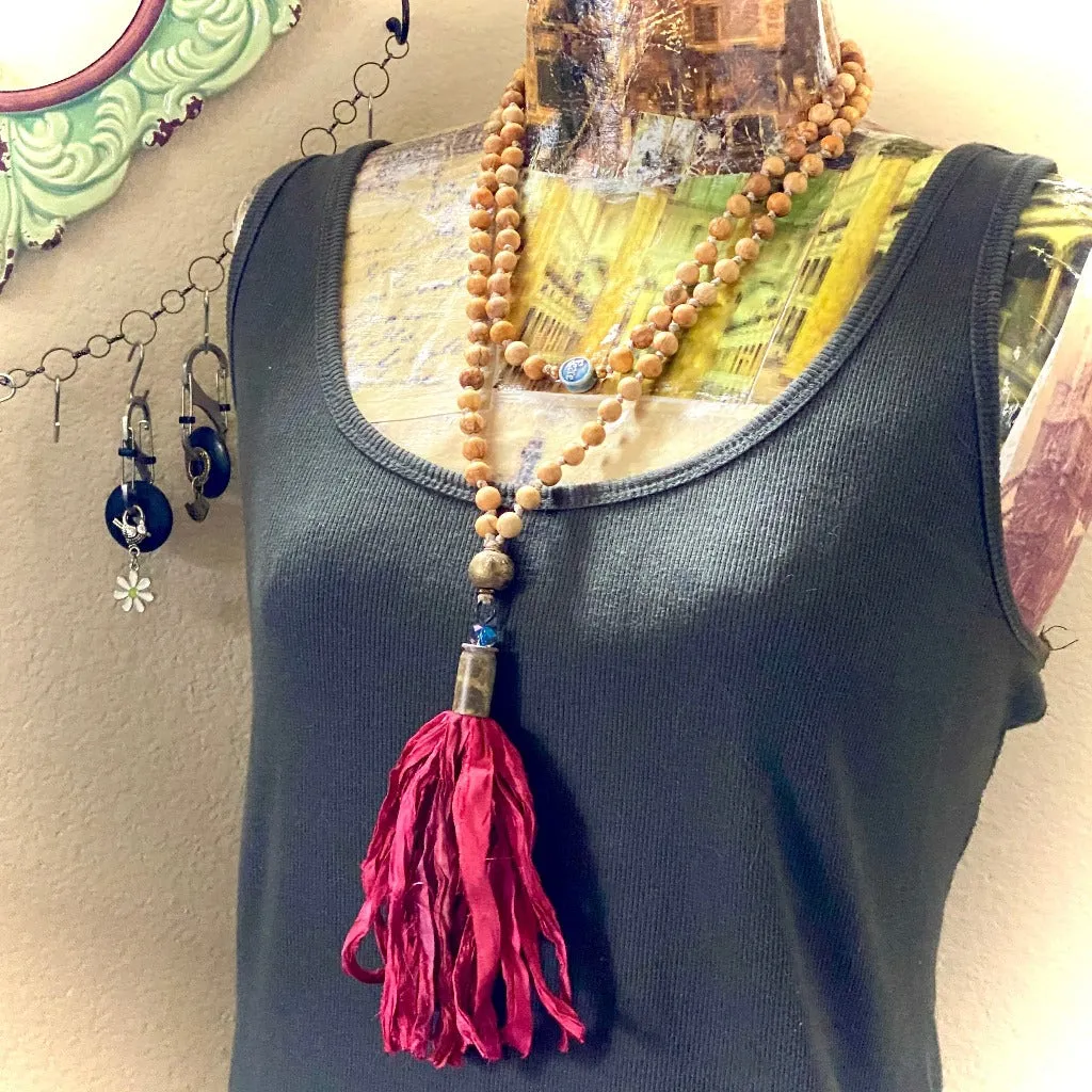 Palo Santo Mala with Nigerian Brass Guru Bead & Red Sari Silk Tassel