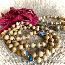 Palo Santo Mala with Nigerian Brass Guru Bead & Red Sari Silk Tassel