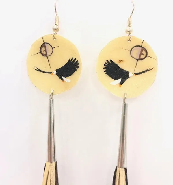 Rawhide and Leather Fringe Earrings - Eagle and Brown Sun