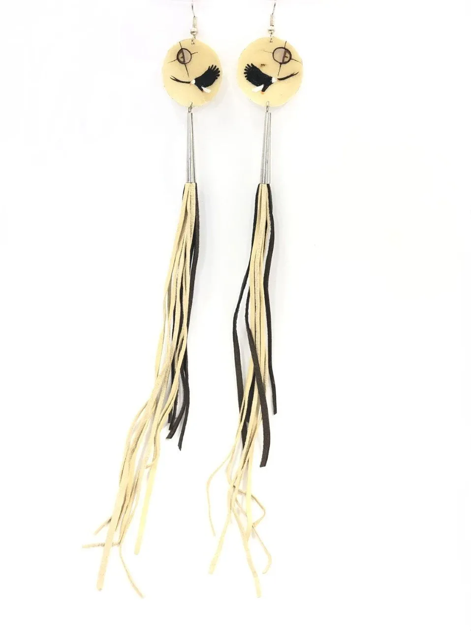 Rawhide and Leather Fringe Earrings - Eagle and Brown Sun