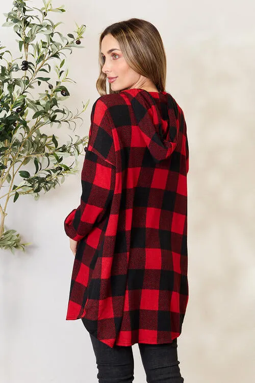 Red/Black Plaid Button Front Hooded Shirt