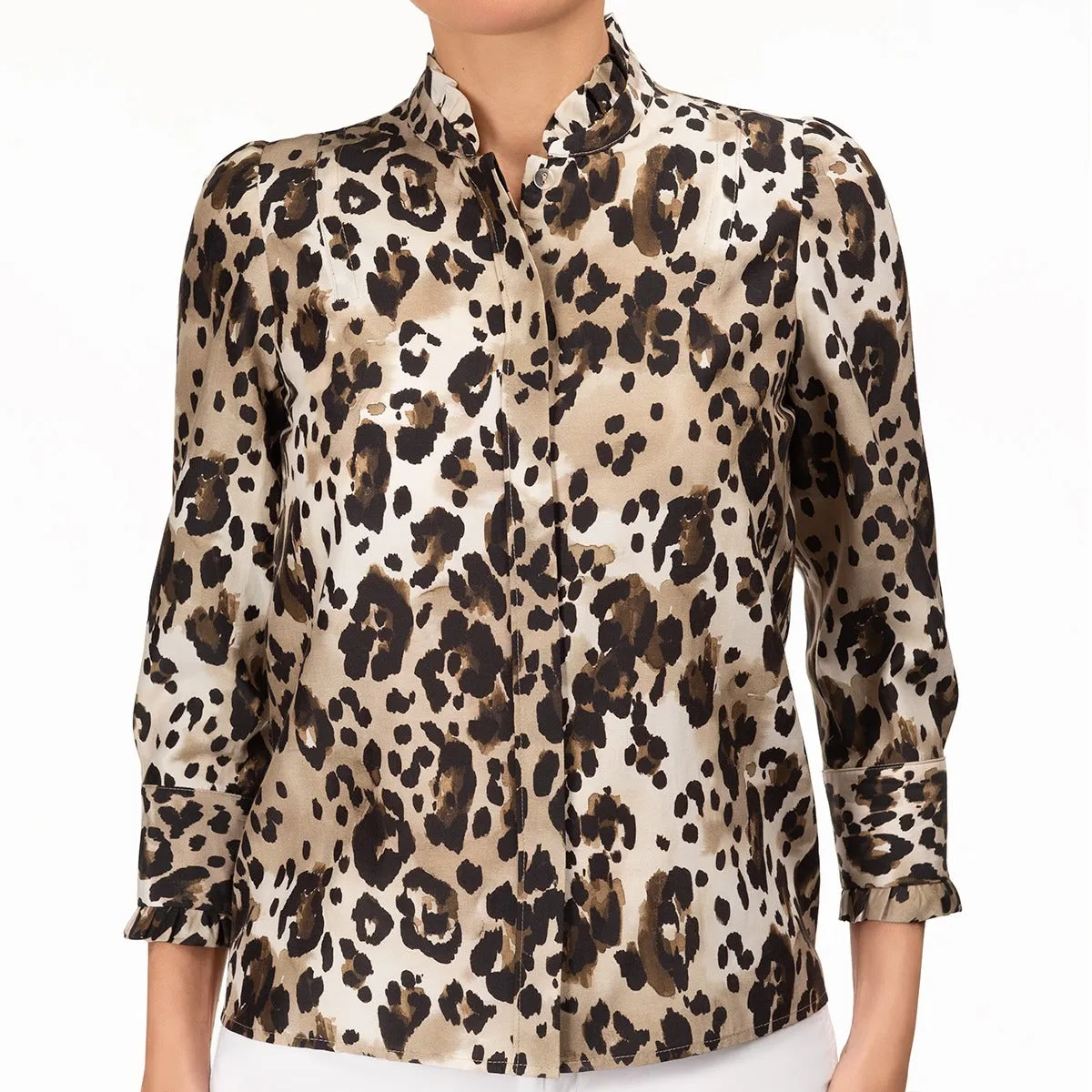 Ruffle Trim 3/4 Sleeve Blouse in Marble Leo