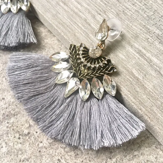 SILVER GREY LARGE DIAMANTE TASSEL / FRINGE EARRINGS