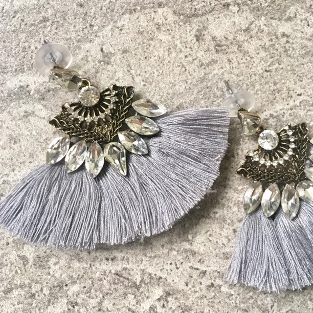 SILVER GREY LARGE DIAMANTE TASSEL / FRINGE EARRINGS