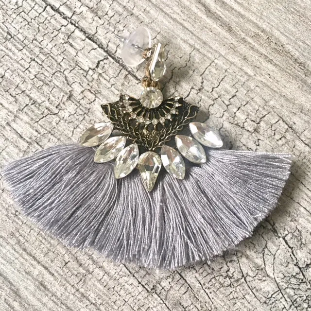 SILVER GREY LARGE DIAMANTE TASSEL / FRINGE EARRINGS