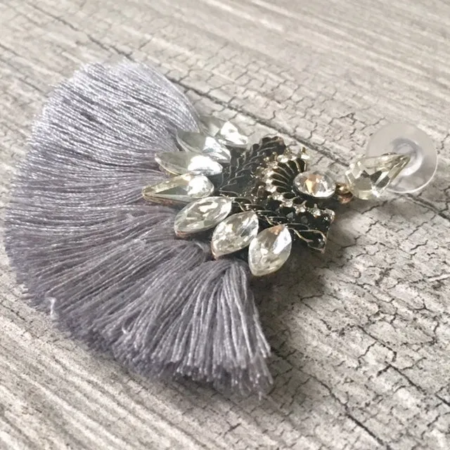 SILVER GREY LARGE DIAMANTE TASSEL / FRINGE EARRINGS