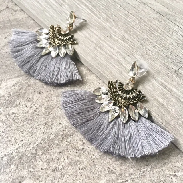 SILVER GREY LARGE DIAMANTE TASSEL / FRINGE EARRINGS