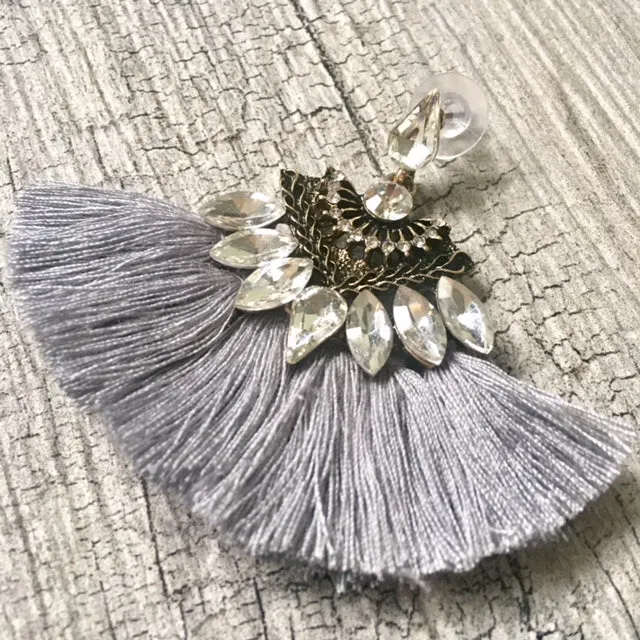 SILVER GREY LARGE DIAMANTE TASSEL / FRINGE EARRINGS