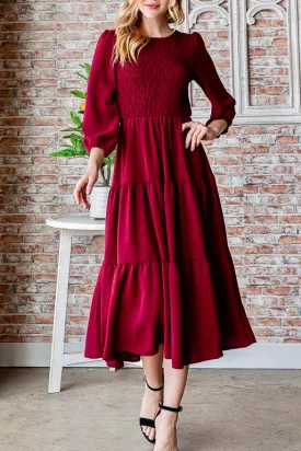 Smocked Tiered Long Sleeve Midi Dress- Burgundy