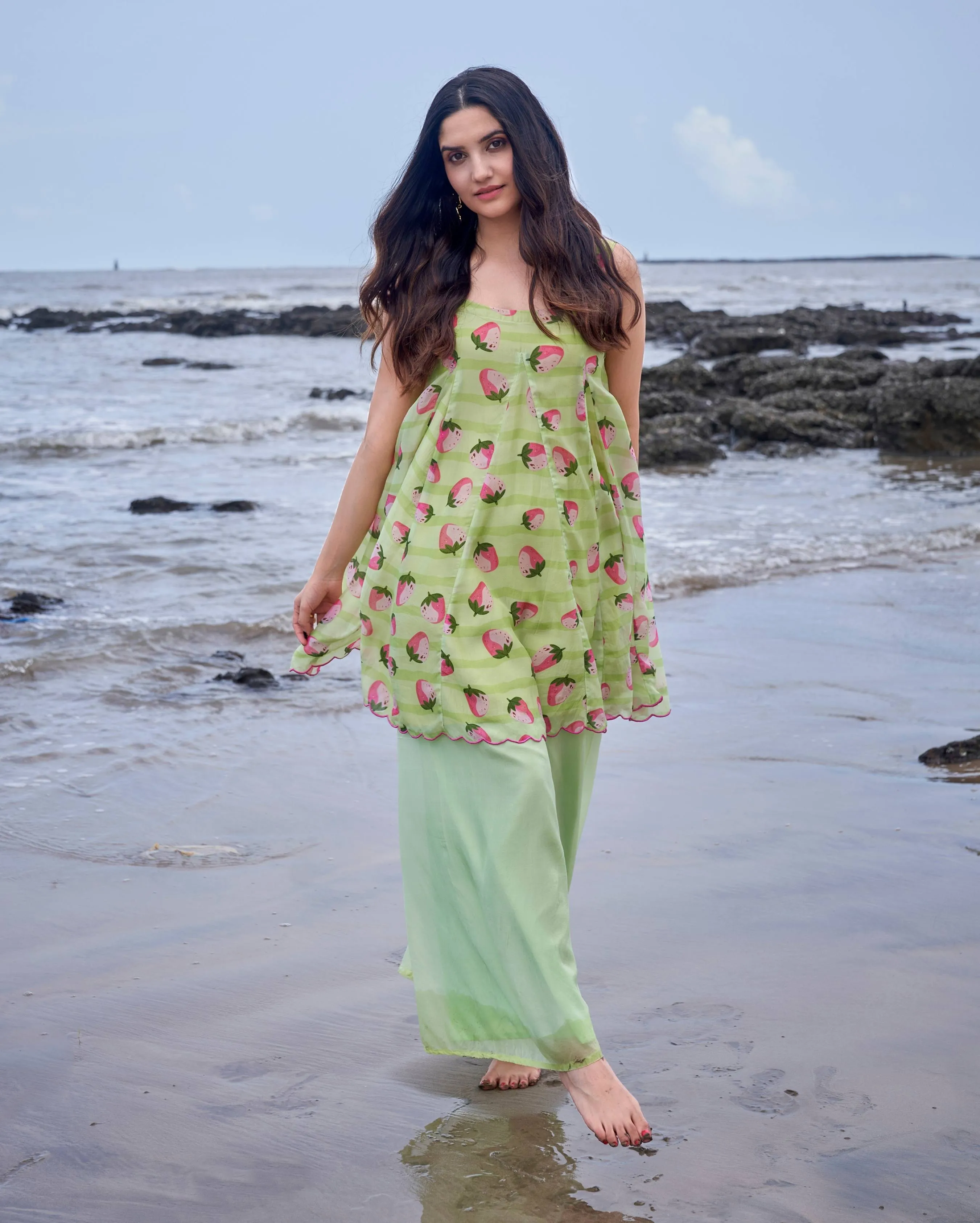 Sundae Light Green Printed Silk Coord Set