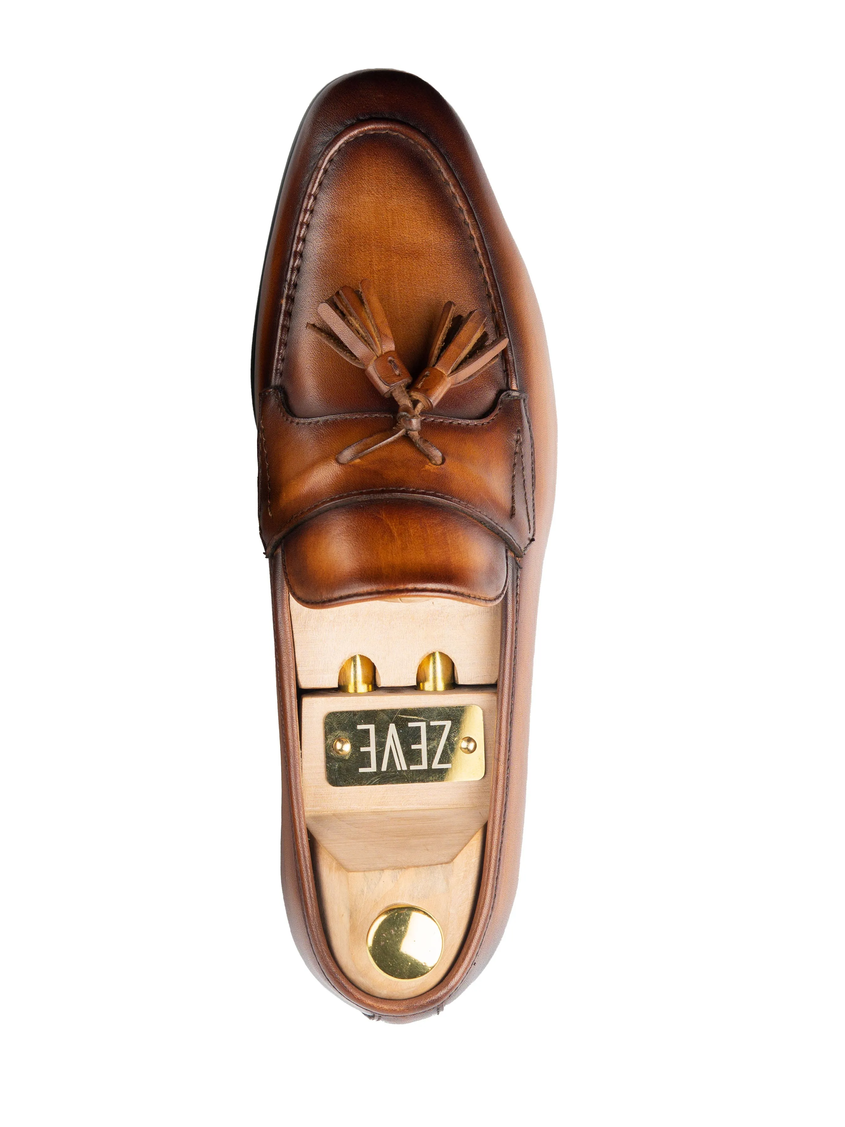 Tassel Loafer Wing Strap - Cognac Tan (Hand Painted Patina)