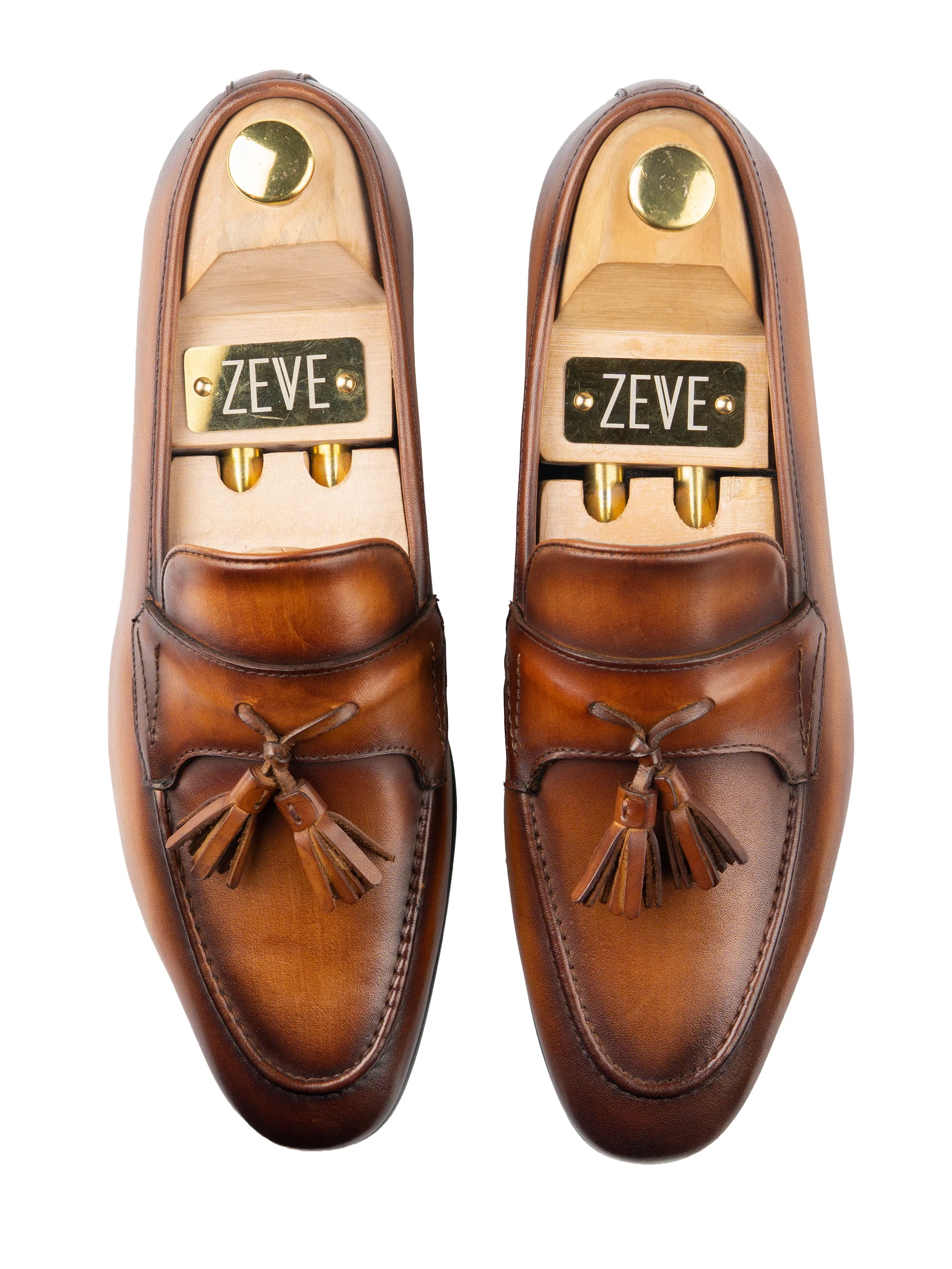 Tassel Loafer Wing Strap - Cognac Tan (Hand Painted Patina)