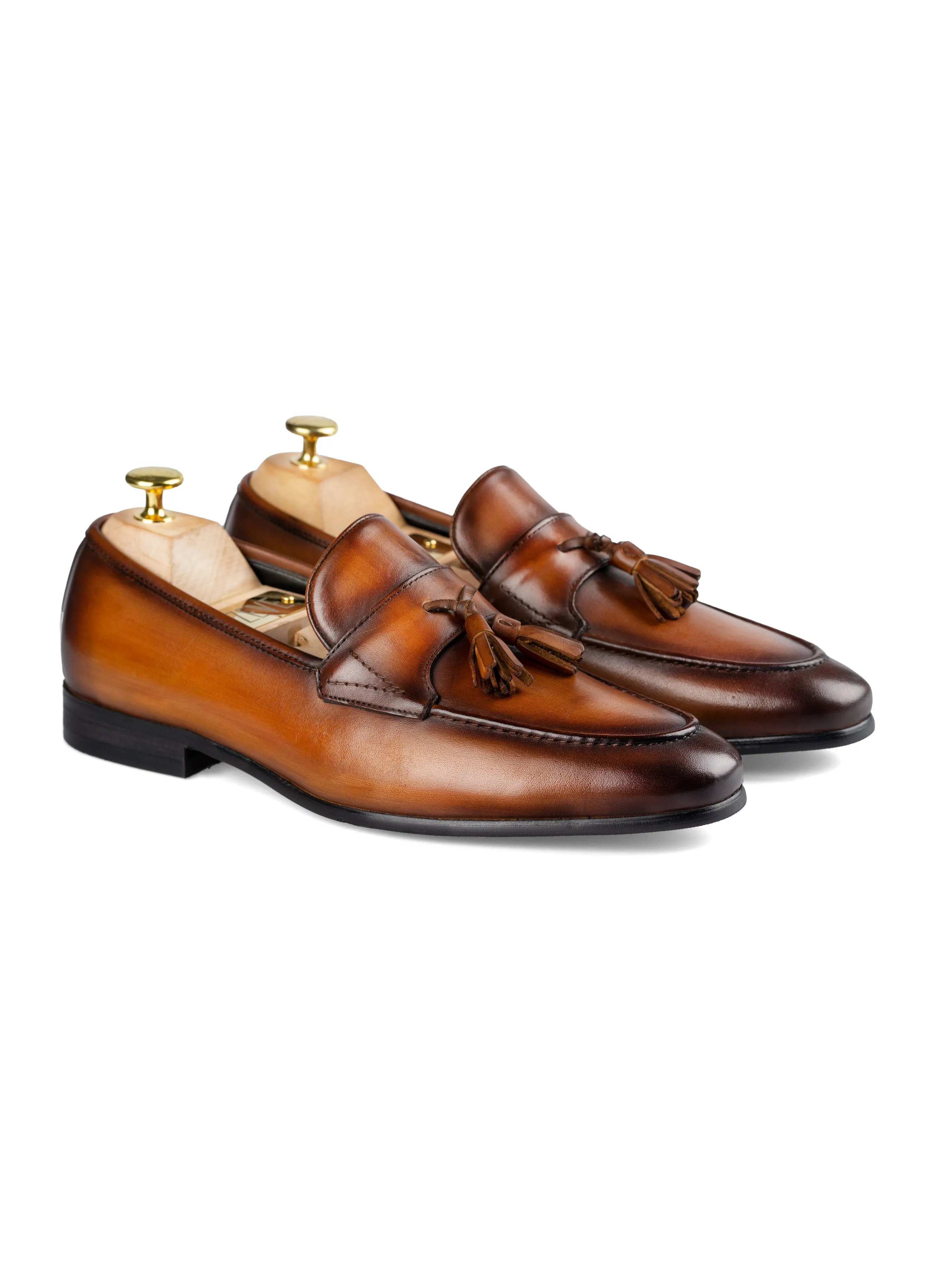 Tassel Loafer Wing Strap - Cognac Tan (Hand Painted Patina)