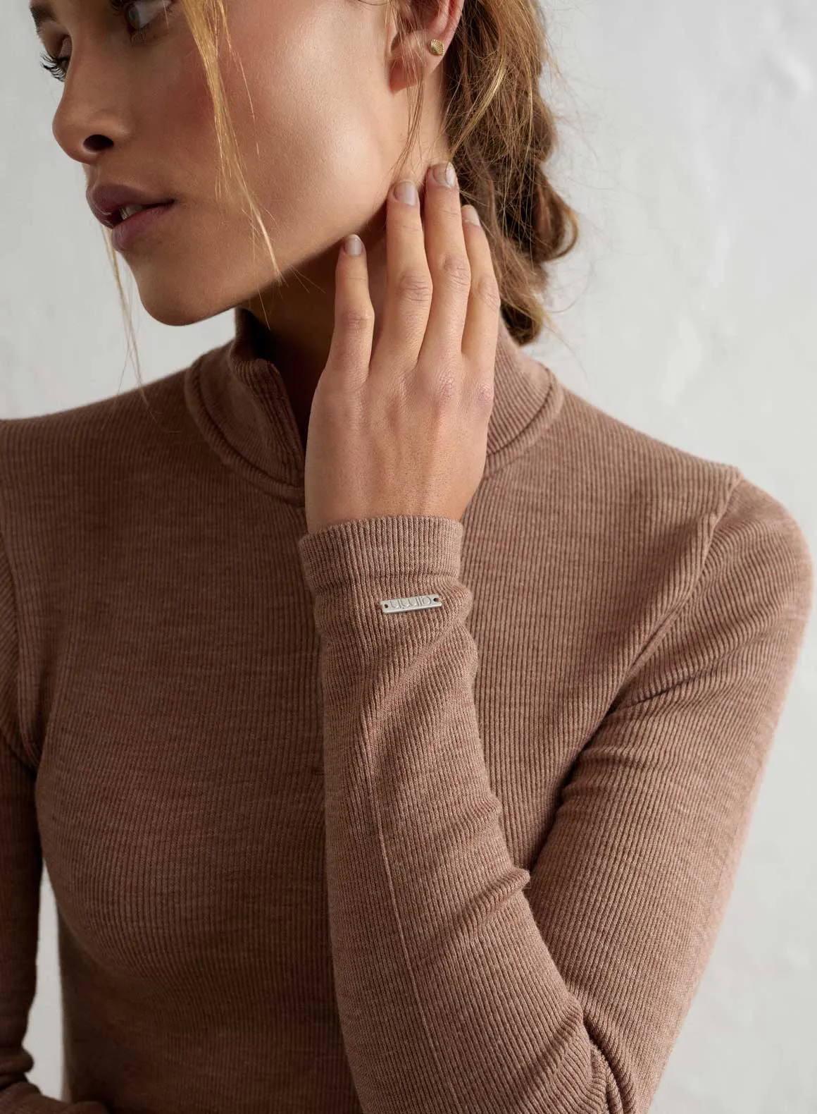 Toffee Melange Ribbed Wool Half Zip