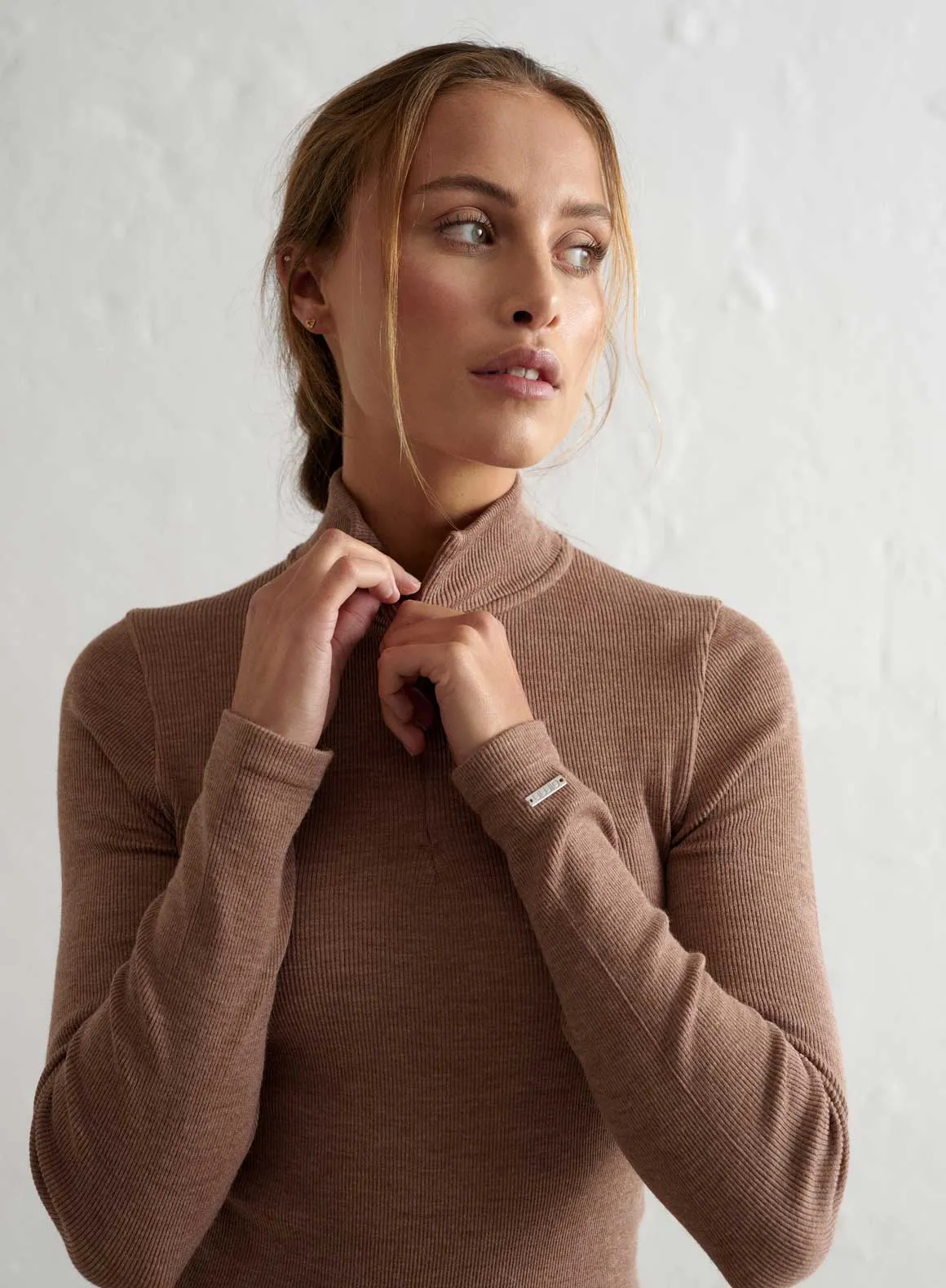 Toffee Melange Ribbed Wool Half Zip