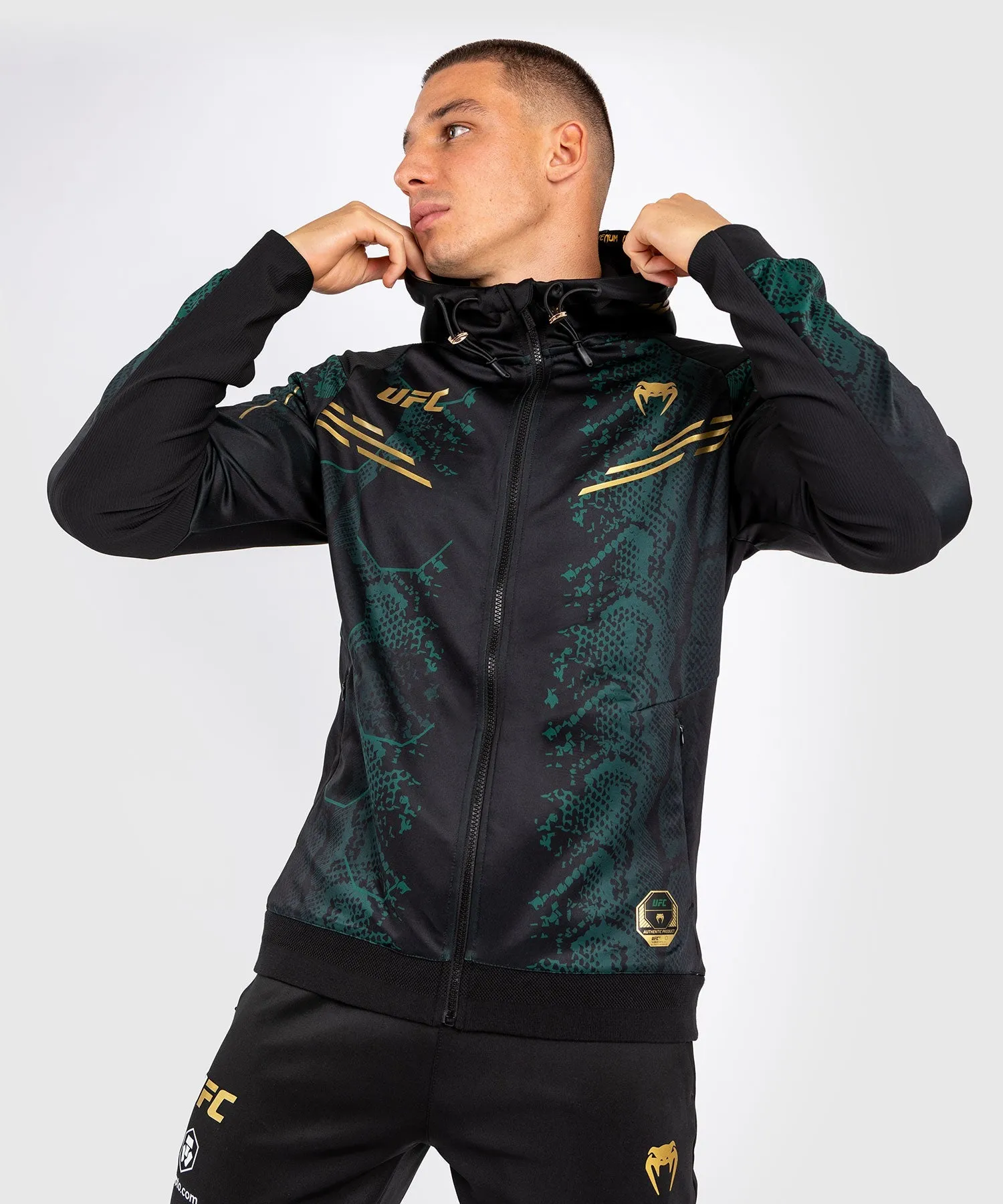 Venum Personalized UFC Adrenaline Authentic Mens Fight Night Walkout Hoodie - Special Emerald Edition in Green, Black, and Gold.