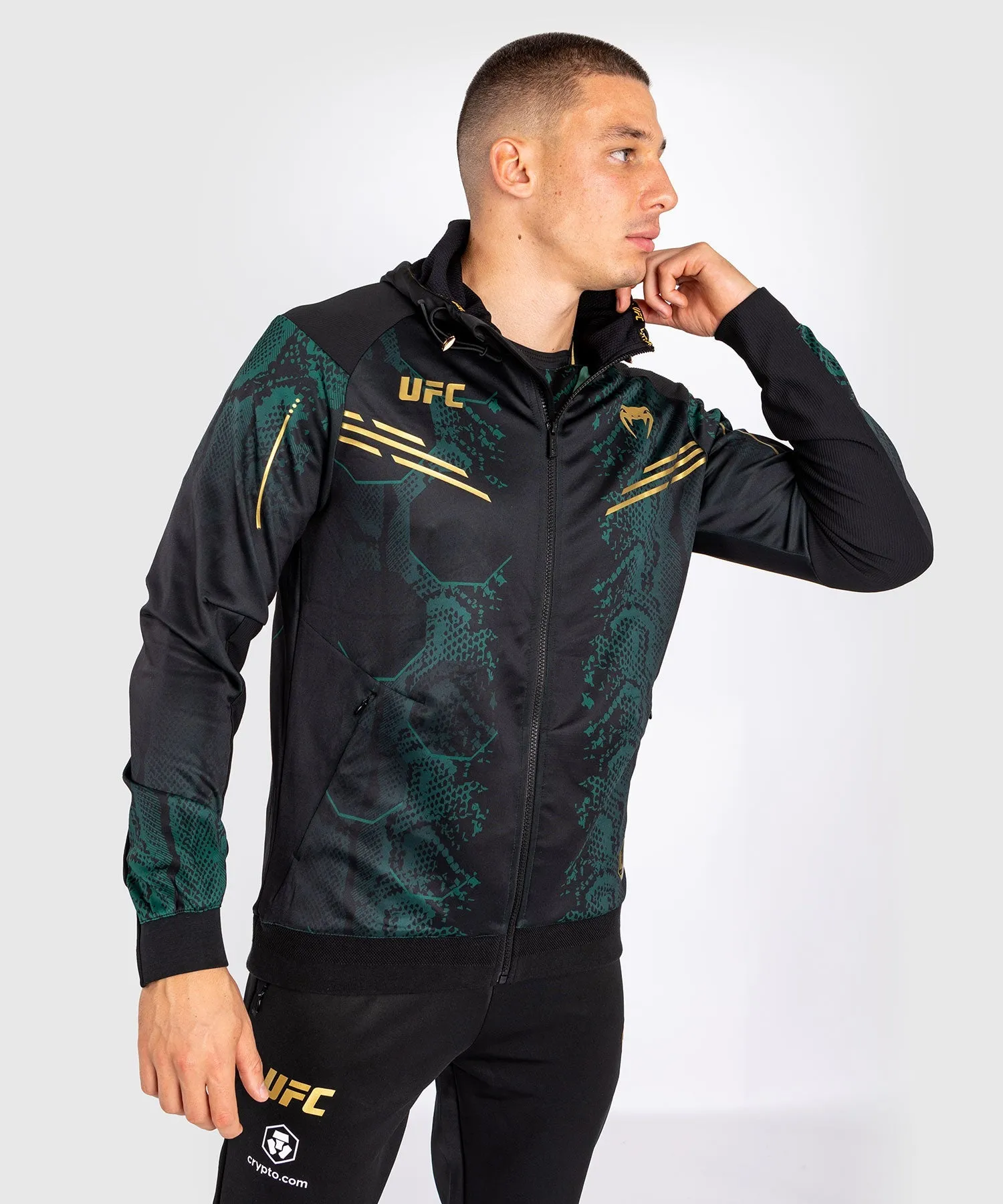 Venum Personalized UFC Adrenaline Authentic Mens Fight Night Walkout Hoodie - Special Emerald Edition in Green, Black, and Gold.