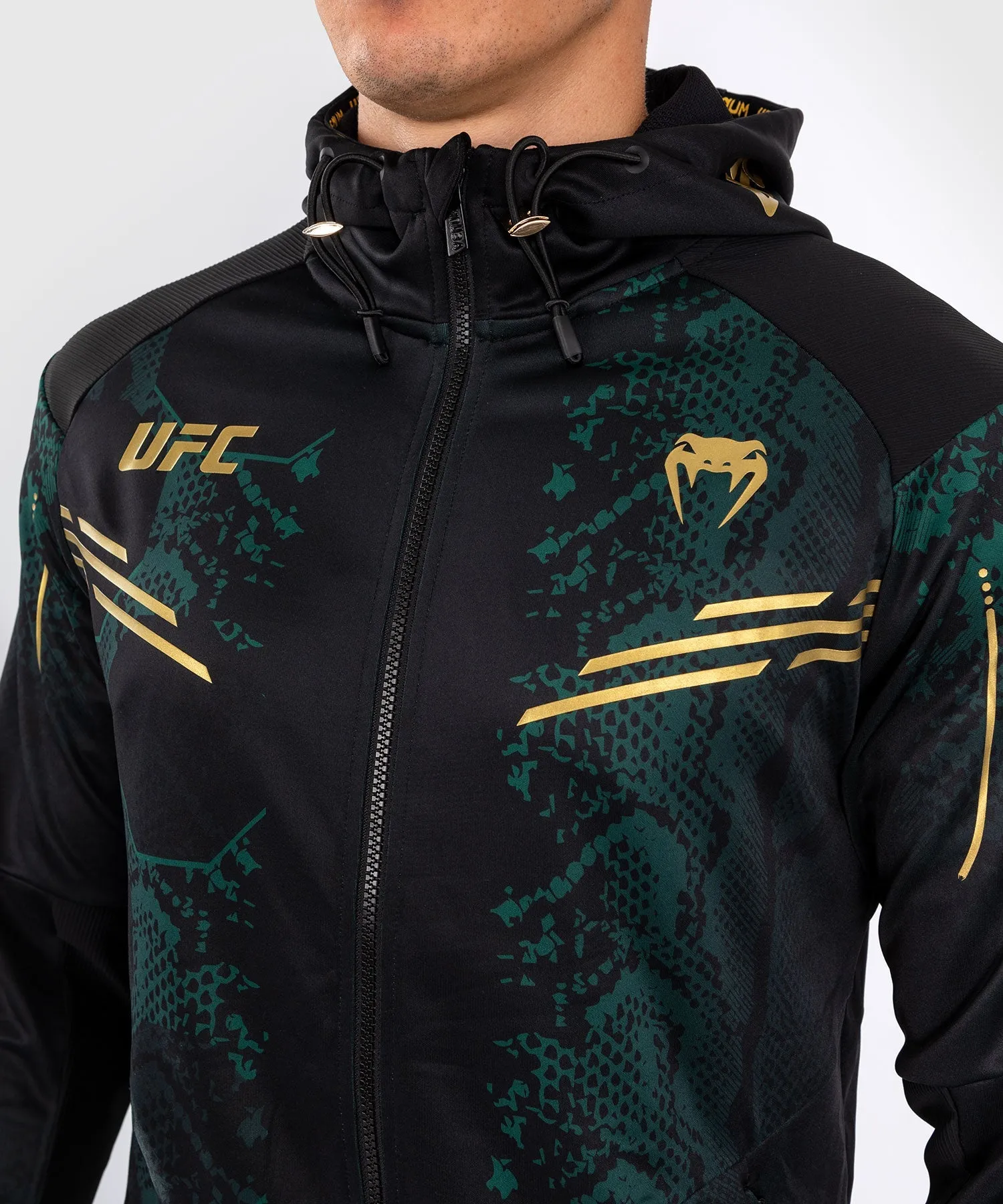 Venum Personalized UFC Adrenaline Authentic Mens Fight Night Walkout Hoodie - Special Emerald Edition in Green, Black, and Gold.