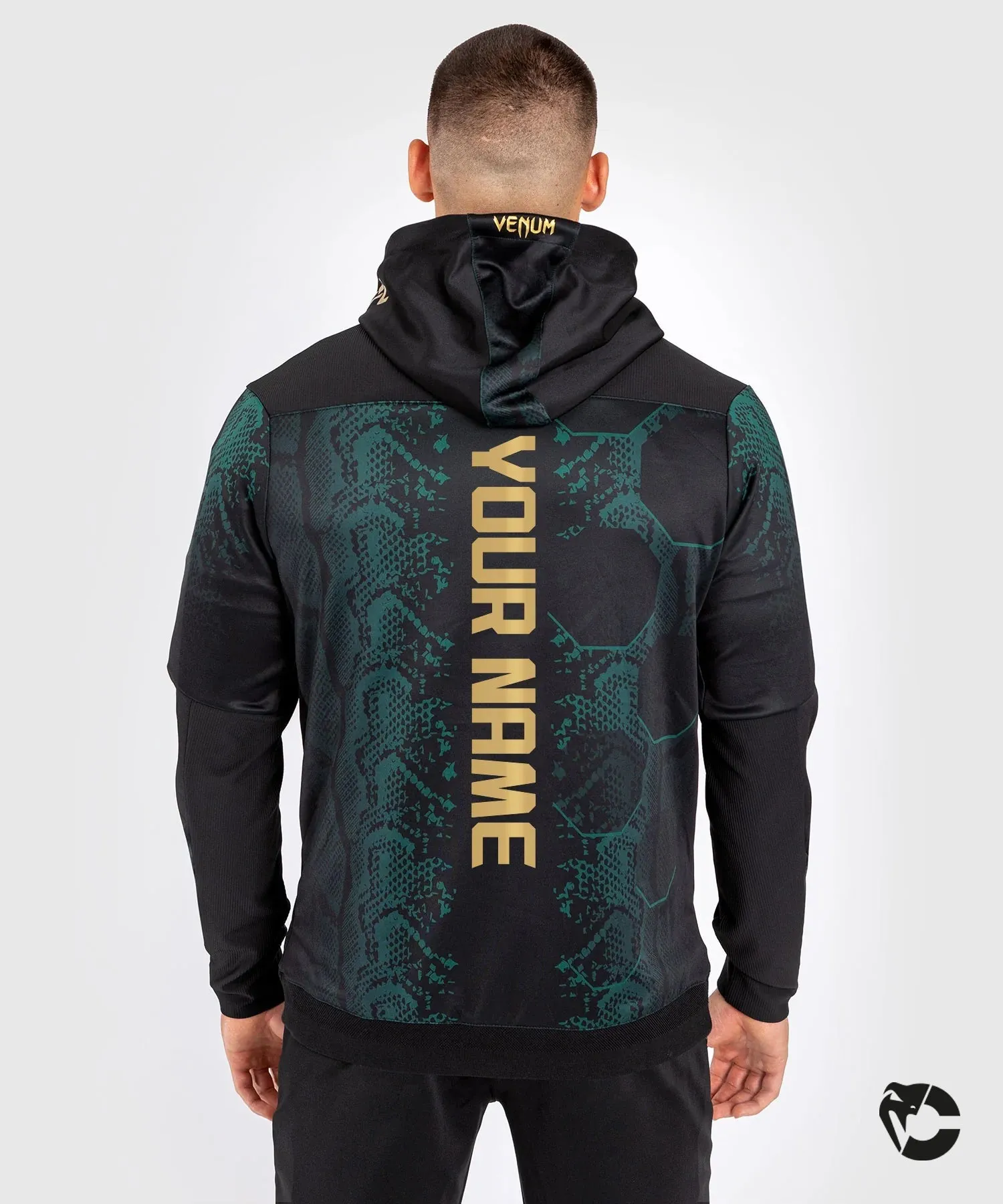 Venum Personalized UFC Adrenaline Authentic Mens Fight Night Walkout Hoodie - Special Emerald Edition in Green, Black, and Gold.