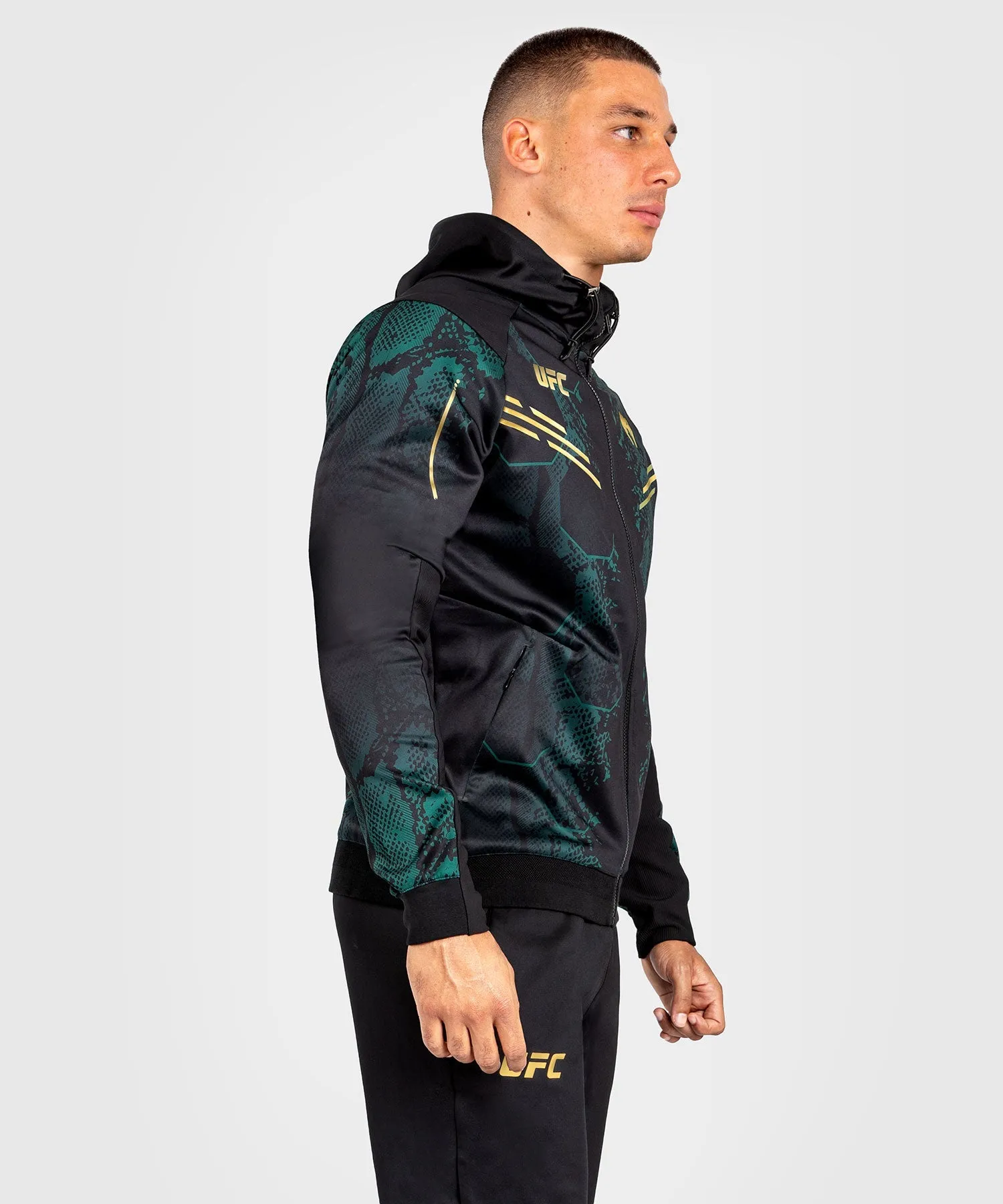 Venum Personalized UFC Adrenaline Authentic Mens Fight Night Walkout Hoodie - Special Emerald Edition in Green, Black, and Gold.