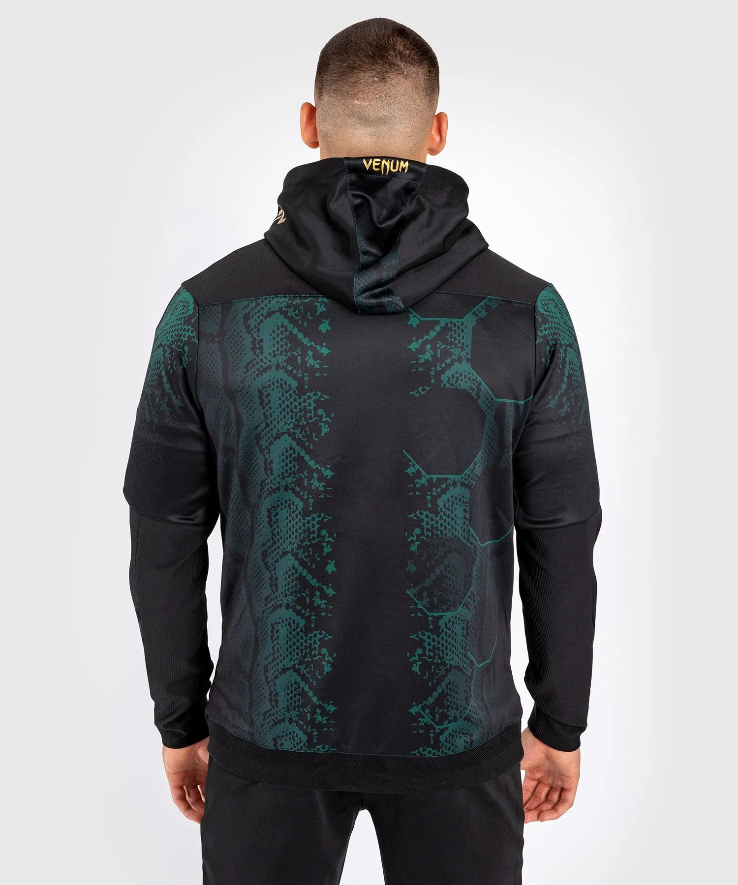 Venum Personalized UFC Adrenaline Authentic Mens Fight Night Walkout Hoodie - Special Emerald Edition in Green, Black, and Gold.